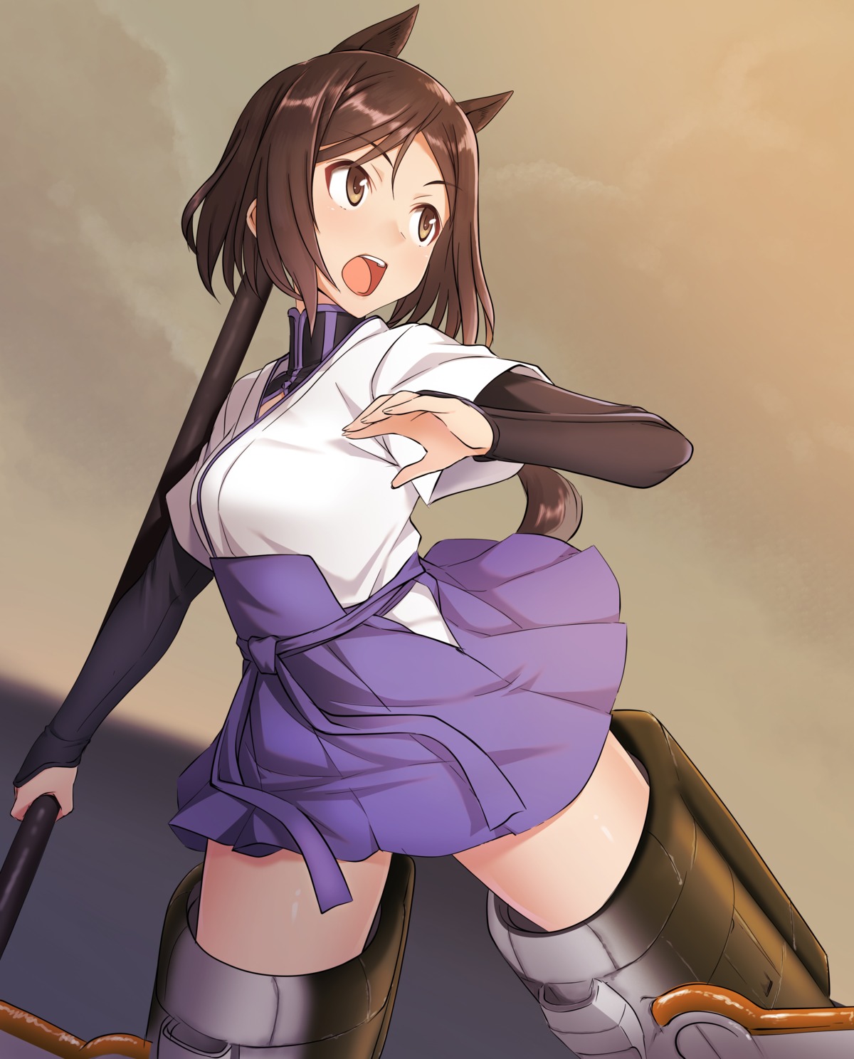 a9b_(louis814), animal_ears, japanese_clothes, kuroda_kunika, skirt_lift, strike_witches, tail, weapon