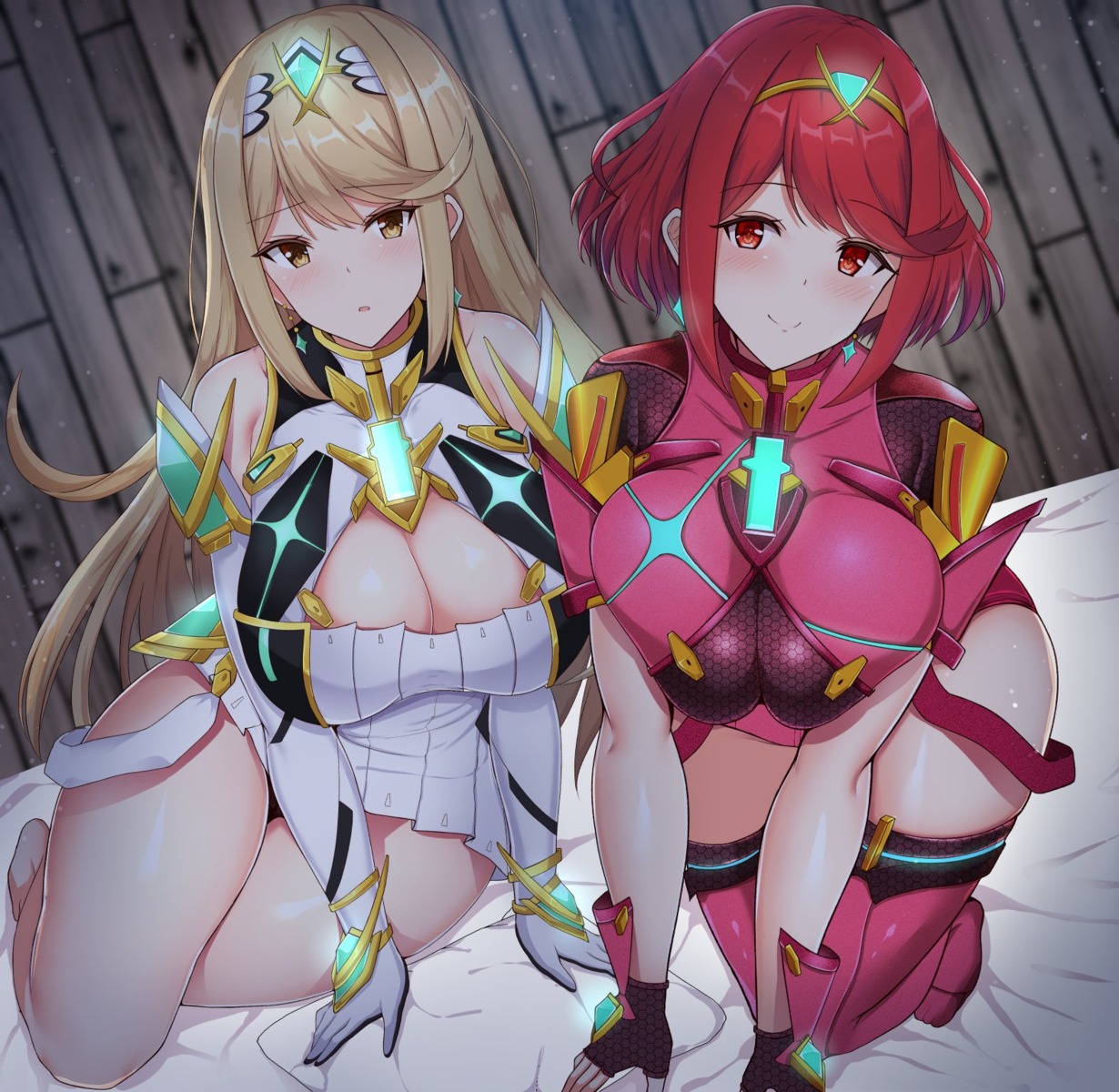 armor, breast_hold, cleavage, dress, hikari_(xenoblade_2), homura_(xenoblade_2), leotard, noeomi, thighhighs, xenoblade_(series), xenoblade_2