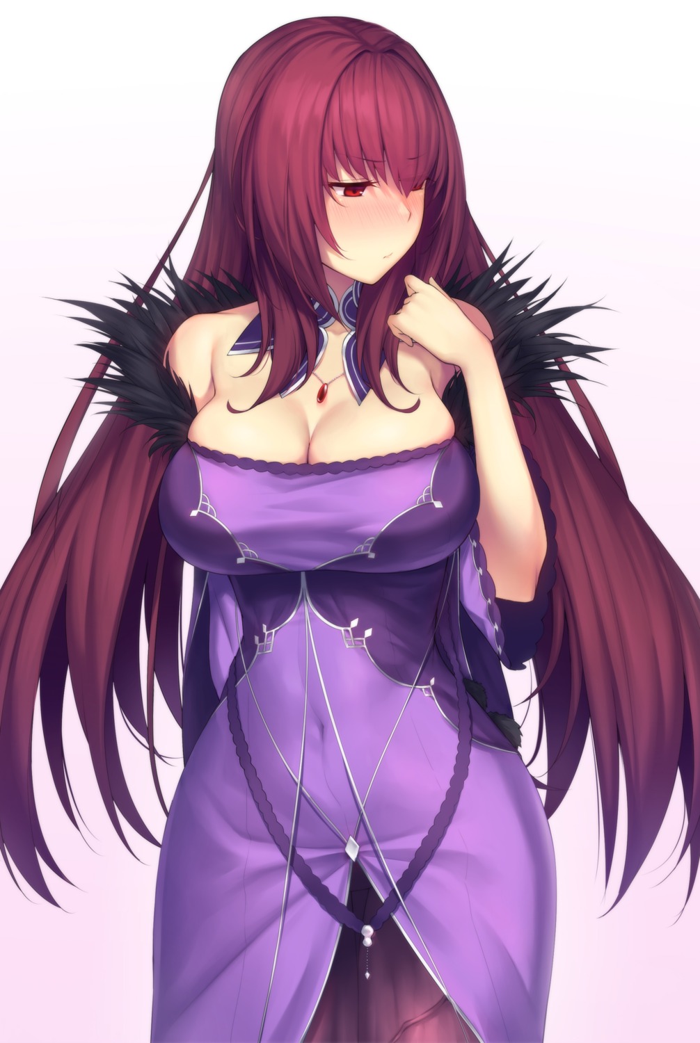 cleavage, dress, fate/grand_order, lun7732, pantyhose, scathach_skadi