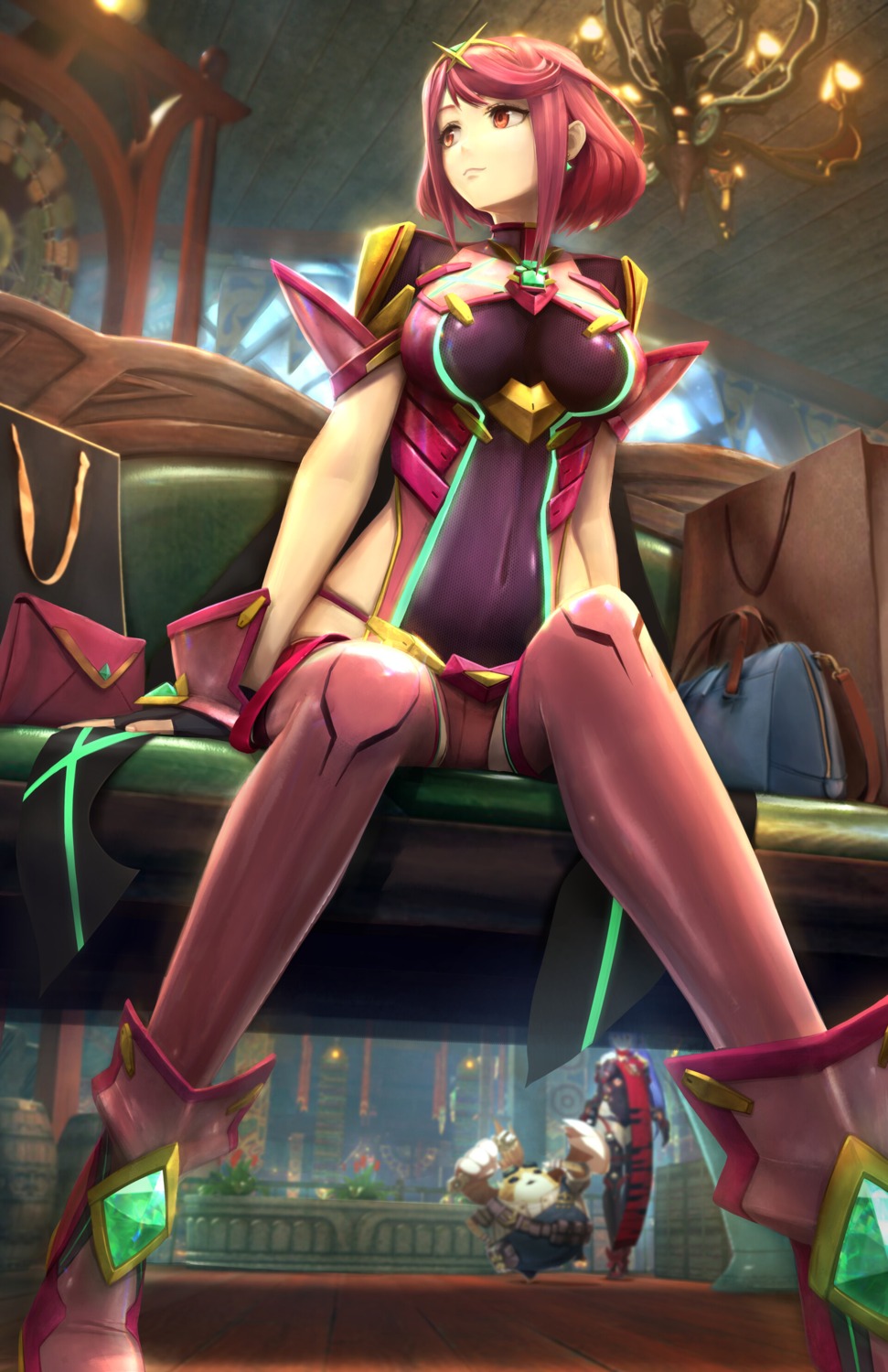 armor, hana_(xenoblade_2), hana_jd, homura_(xenoblade_2), leotard, tagme, thighhighs, tora_(xenoblade_2)