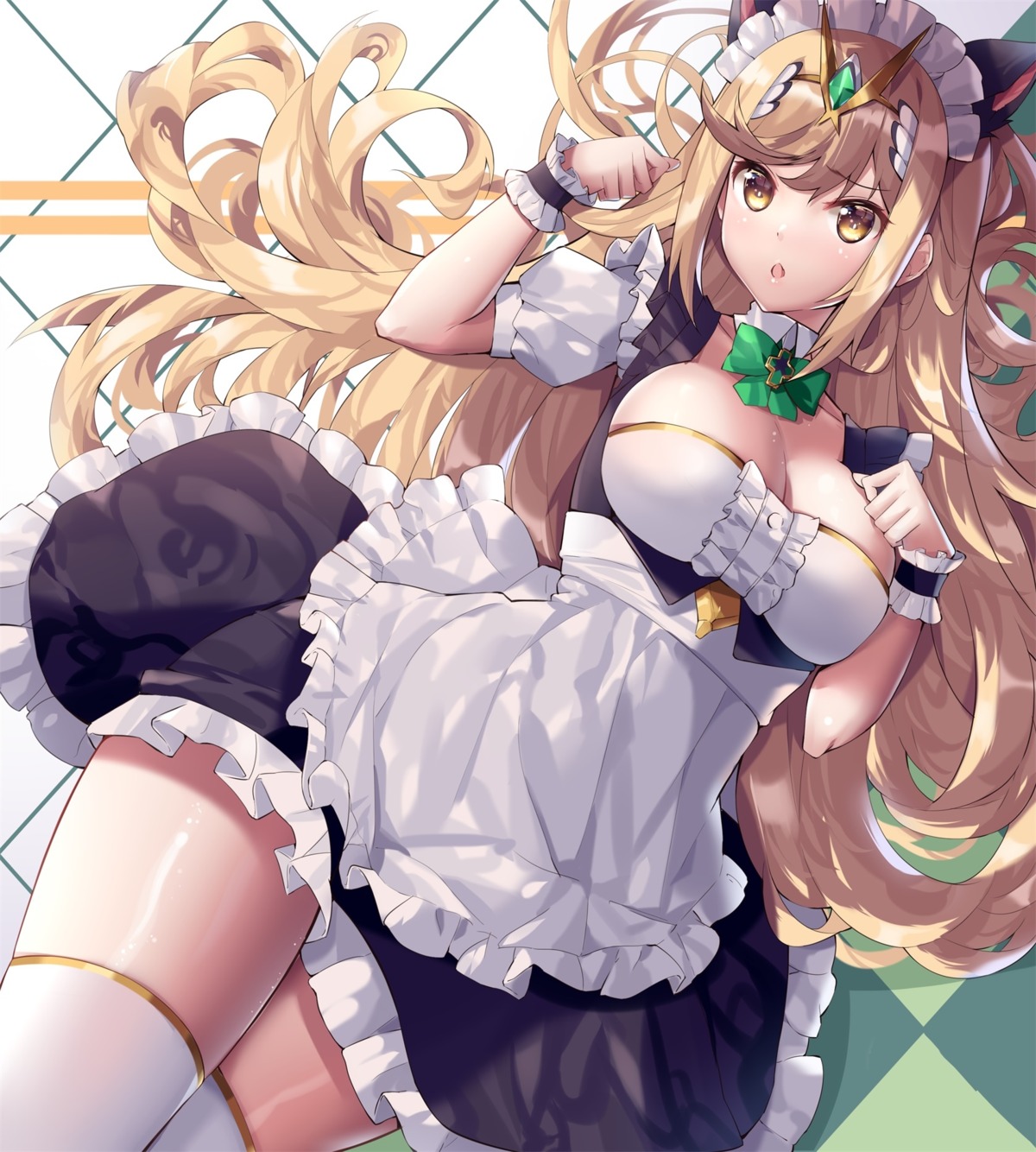 animal_ears, cleavage, eol_9, garter, hikari_(xenoblade_2), maid, nekomimi, skirt_lift, thighhighs, xenoblade_(series), xenoblade_2