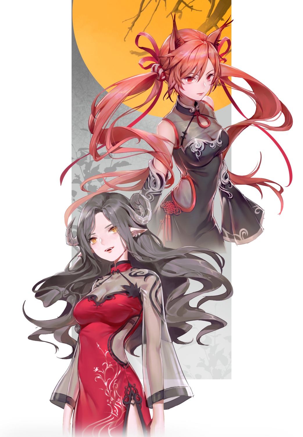animal_ears, chinadress, cleavage, horns, pointy_ears, sawamaharu, see_through