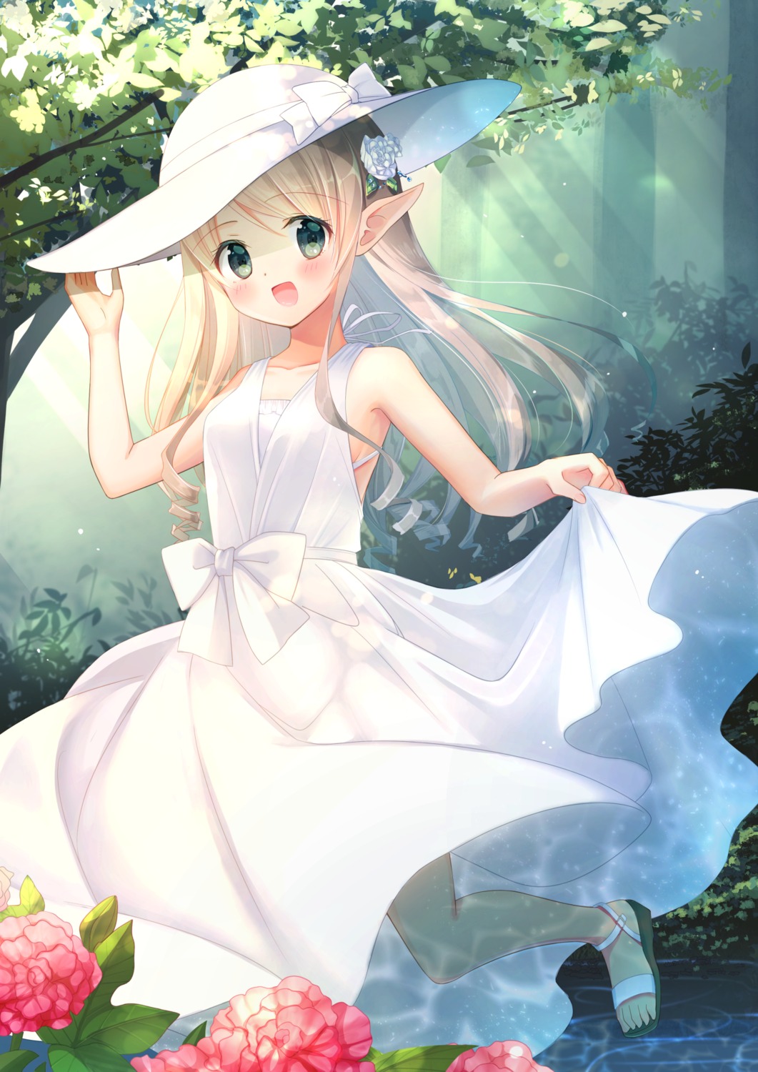 dress, heels, pointy_ears, see_through, skirt_lift, summer_dress, yonezou