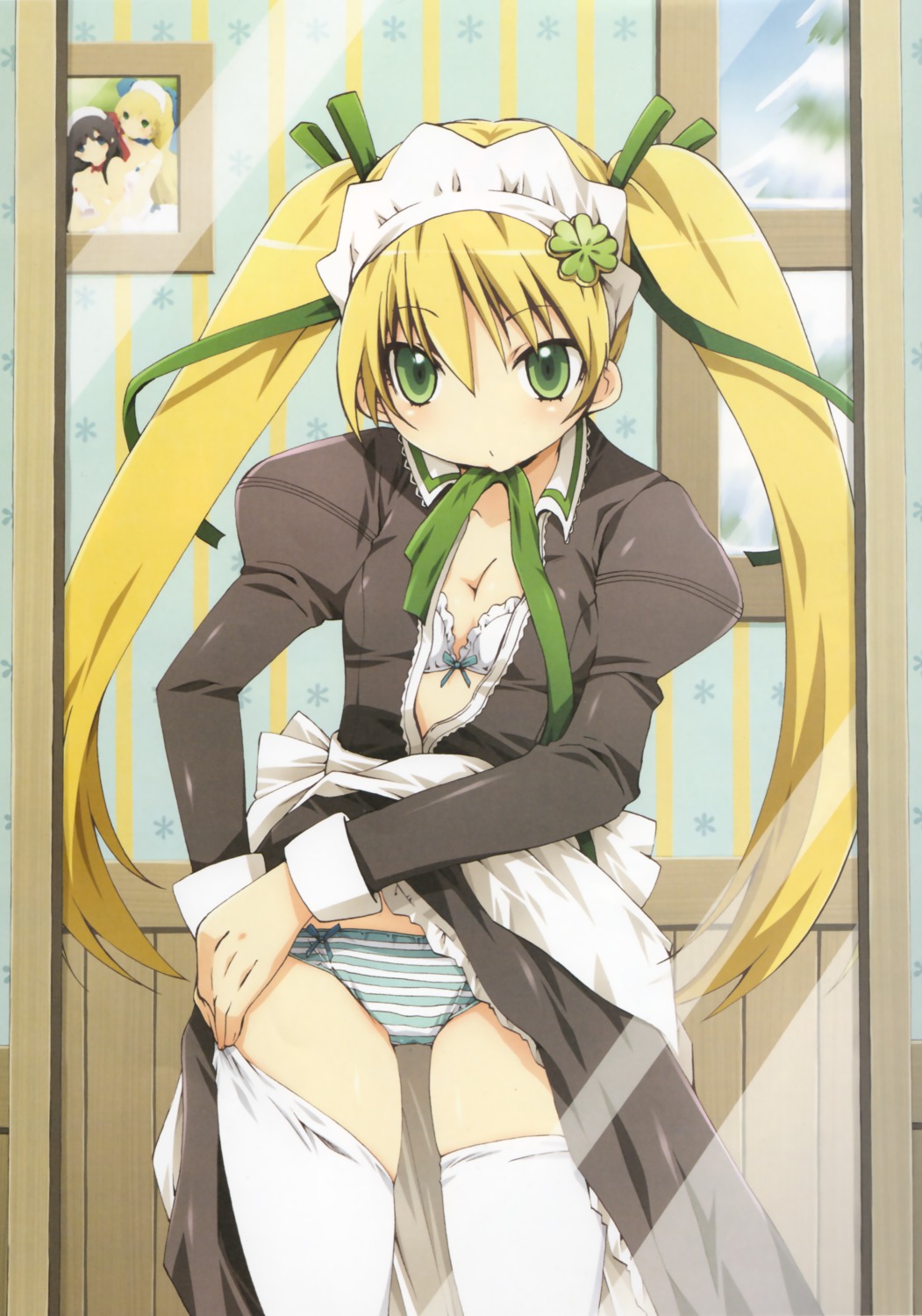 bra, cleavage, open_shirt, pantsu, shikage_nagi, shimapan, thighhighs