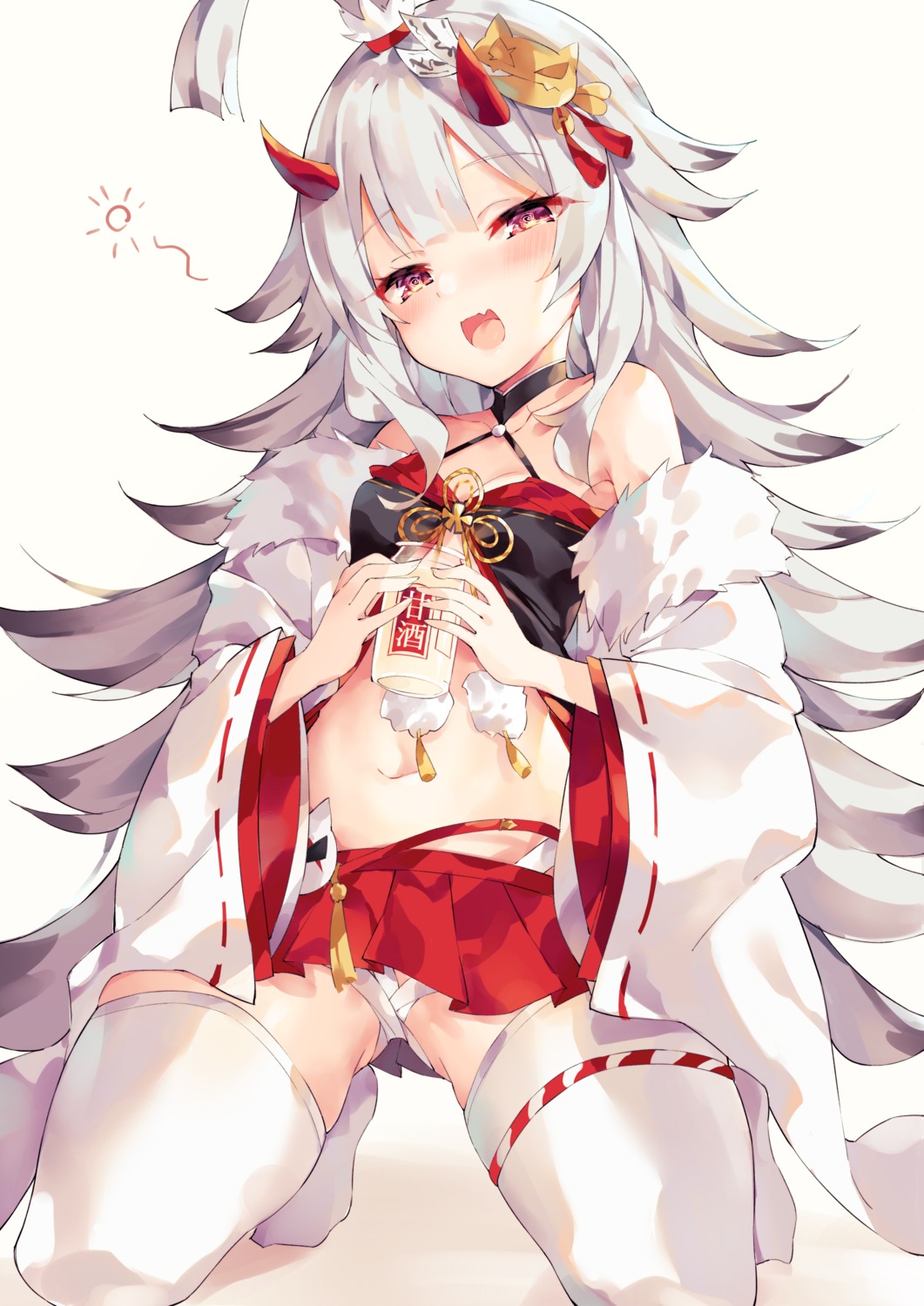 azur_lane, bandages, cleavage, garter, hibiki_(azur_lane), horns, japanese_clothes, nopan, thighhighs, unacchi, unahouse