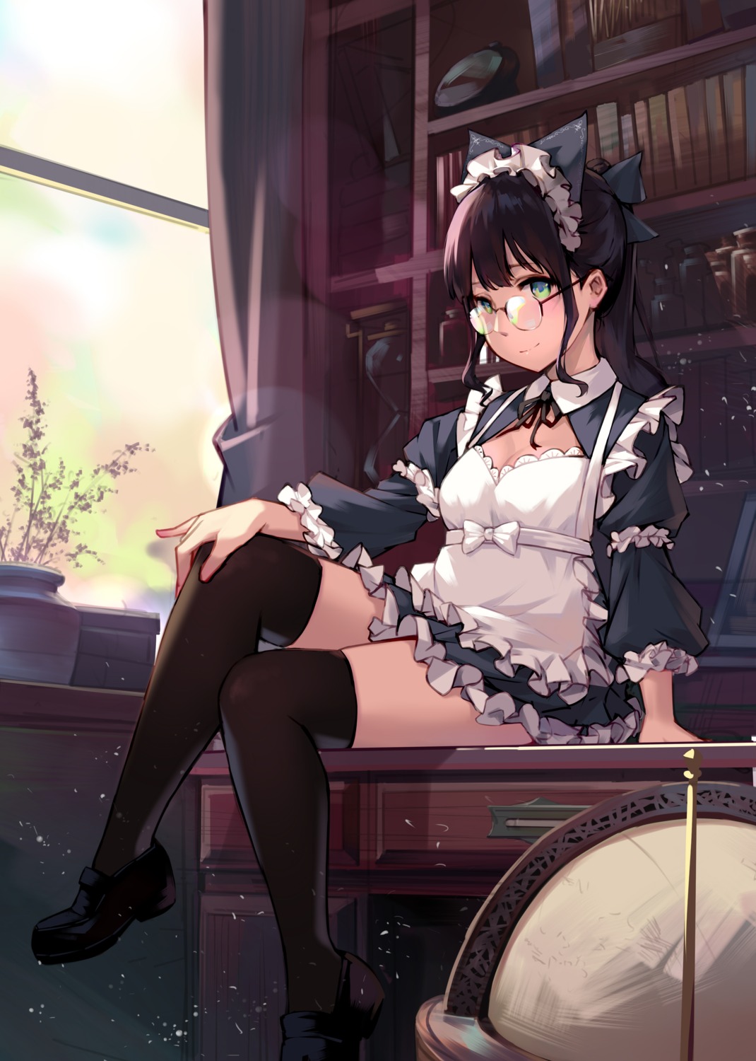 cleavage, maid, megane, ren_huozhe, thighhighs