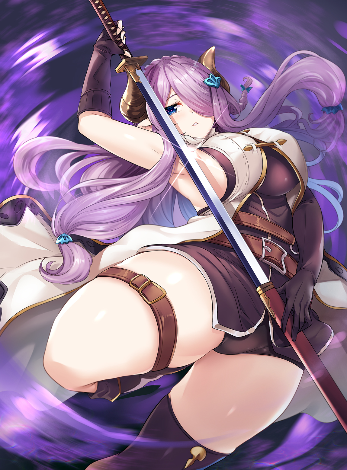 garter, granblue_fantasy, hinata_sora, horns, narumeia_(granblue_fantasy), pointy_ears, sword, thighhighs