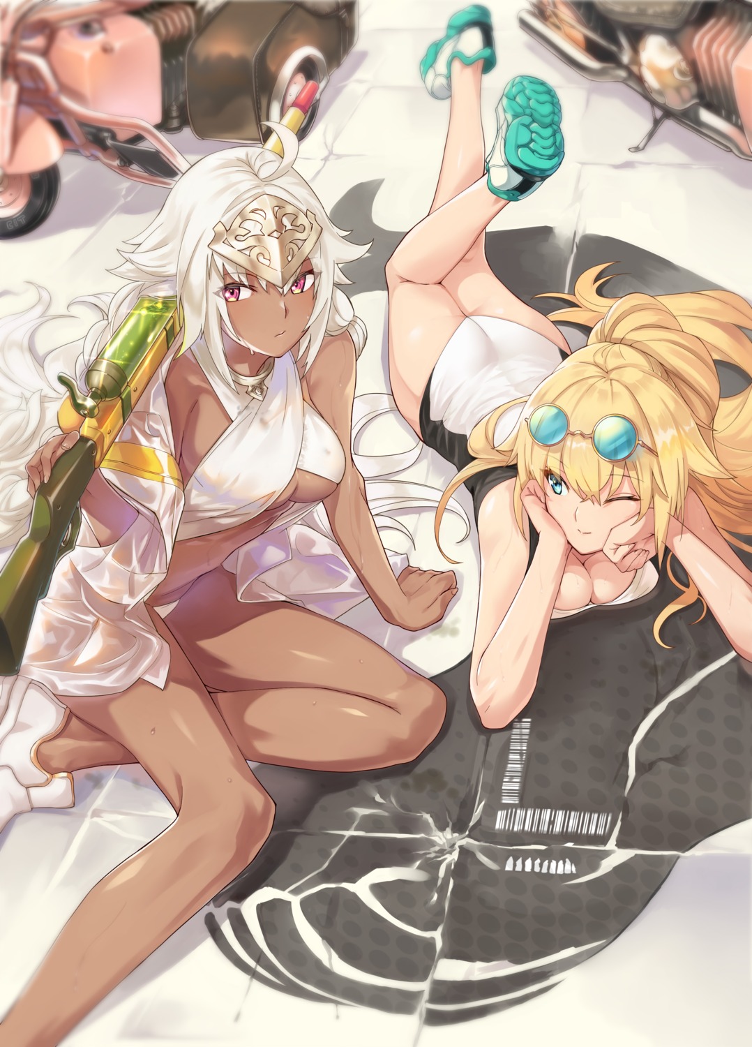 ass, fate/grand_order, gun, jeanne_d'arc, jeanne_d'arc_(fate), lakshmibai_(fate/grand_order), megane, ohland, see_through, swimsuits