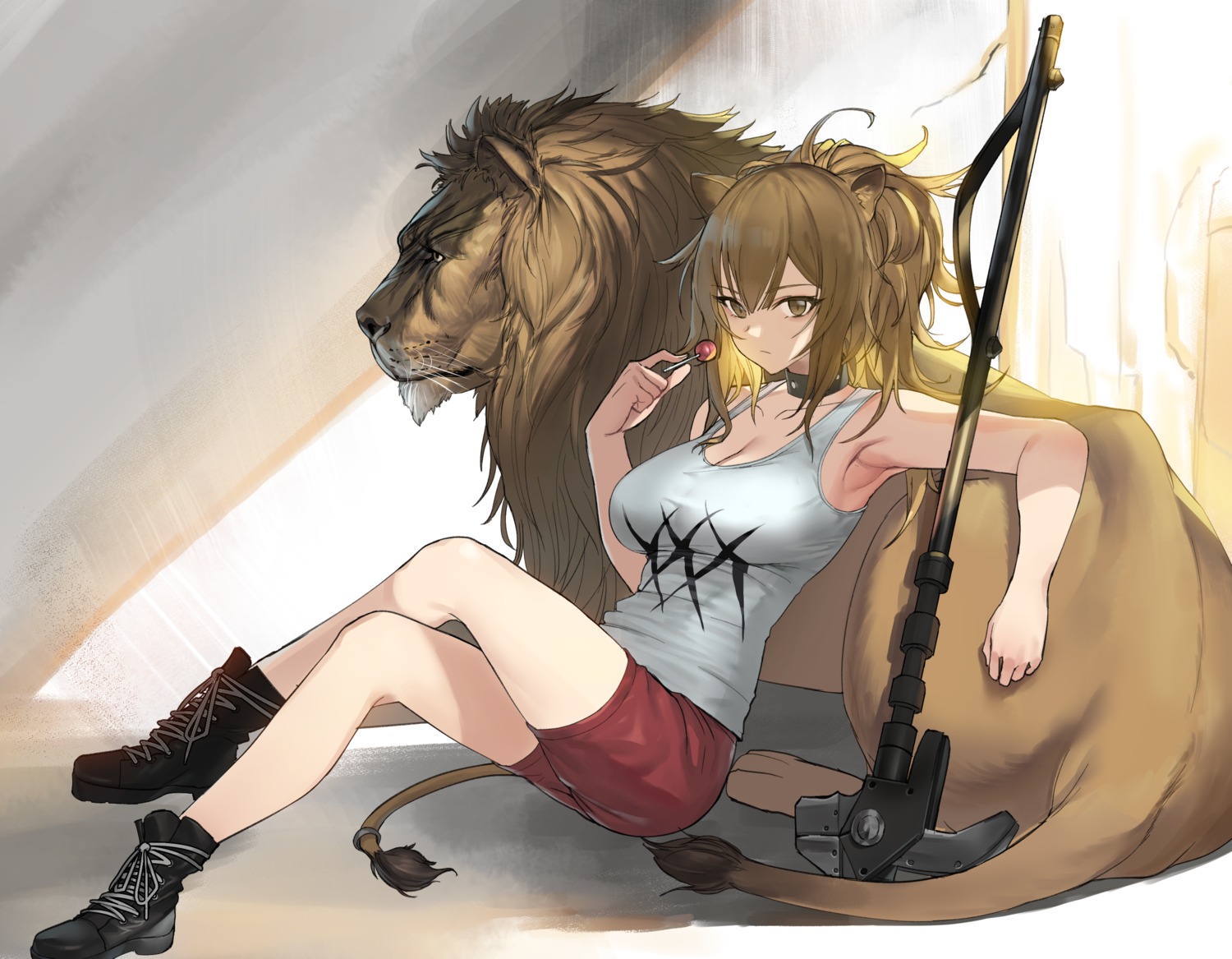 animal_ears, arknights, cleavage, siege_(arknights), tail, urrrt, weapon