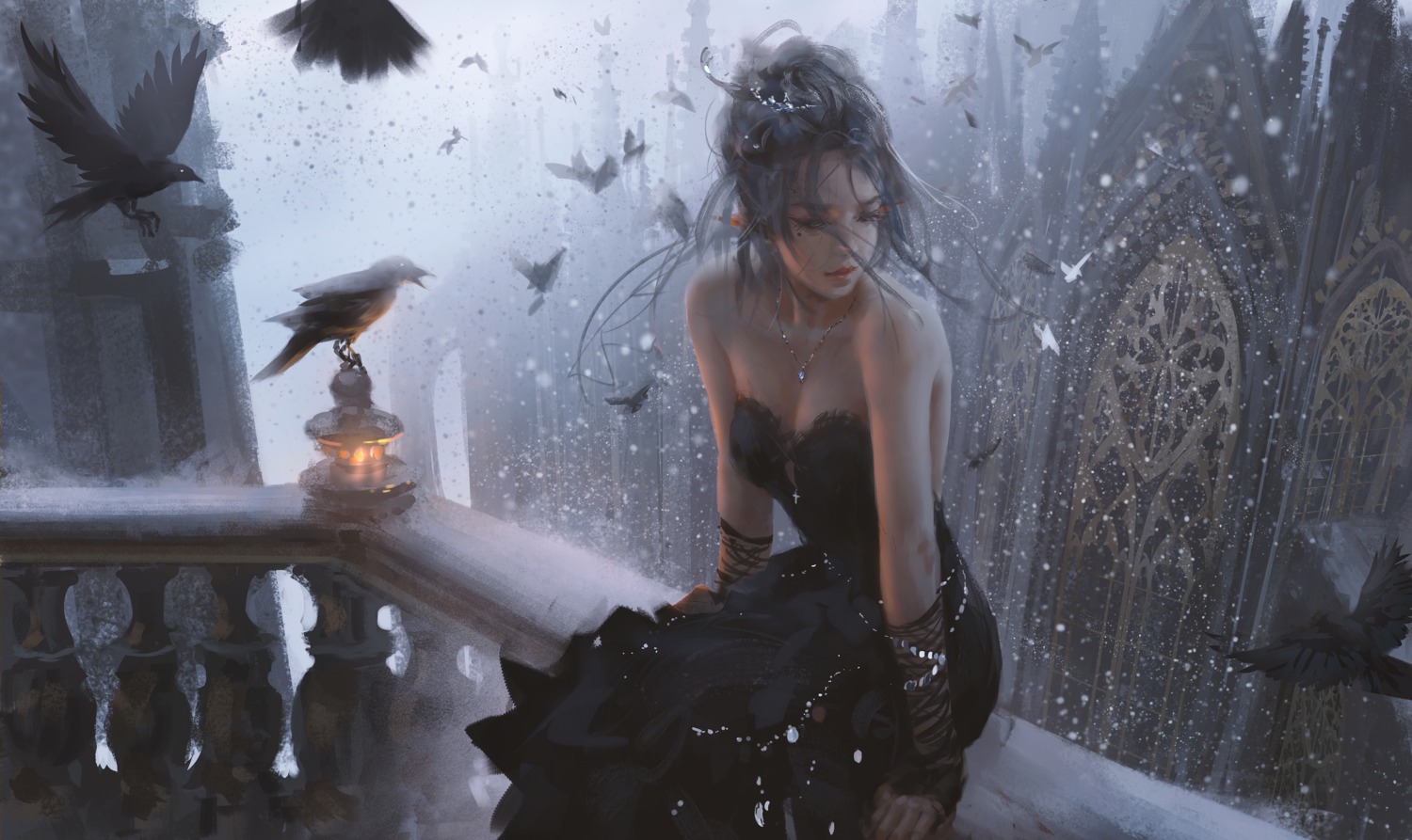 cleavage, dress, ghostblade, no_bra, pointy_ears, wlop, yan_haiqin