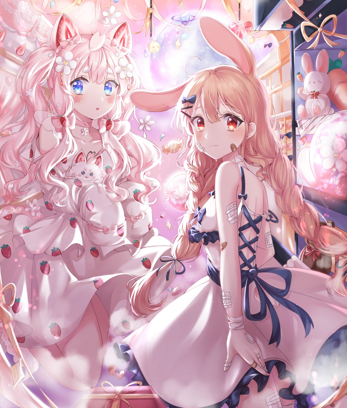 animal_ears, bandaid, bunny_ears, dress, nekomimi, skirt_lift, tail, umyo_(uu_o3o_8)