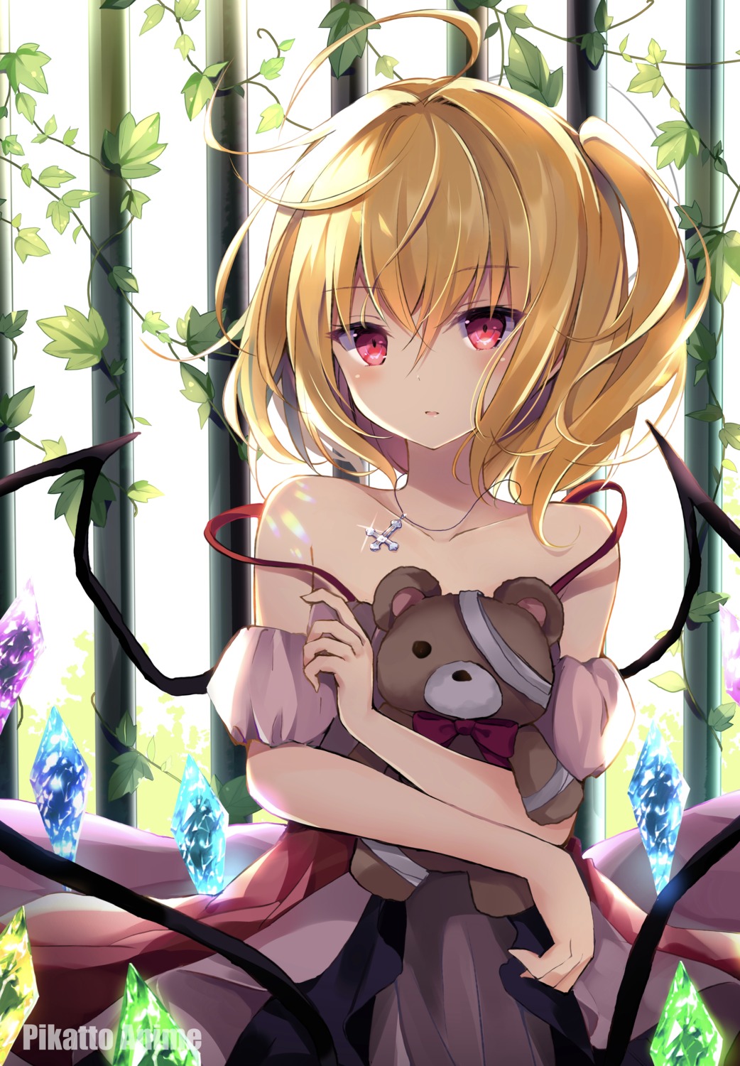bandages, dress, flandre_scarlet, hyurasan, touhou, watermark, wings