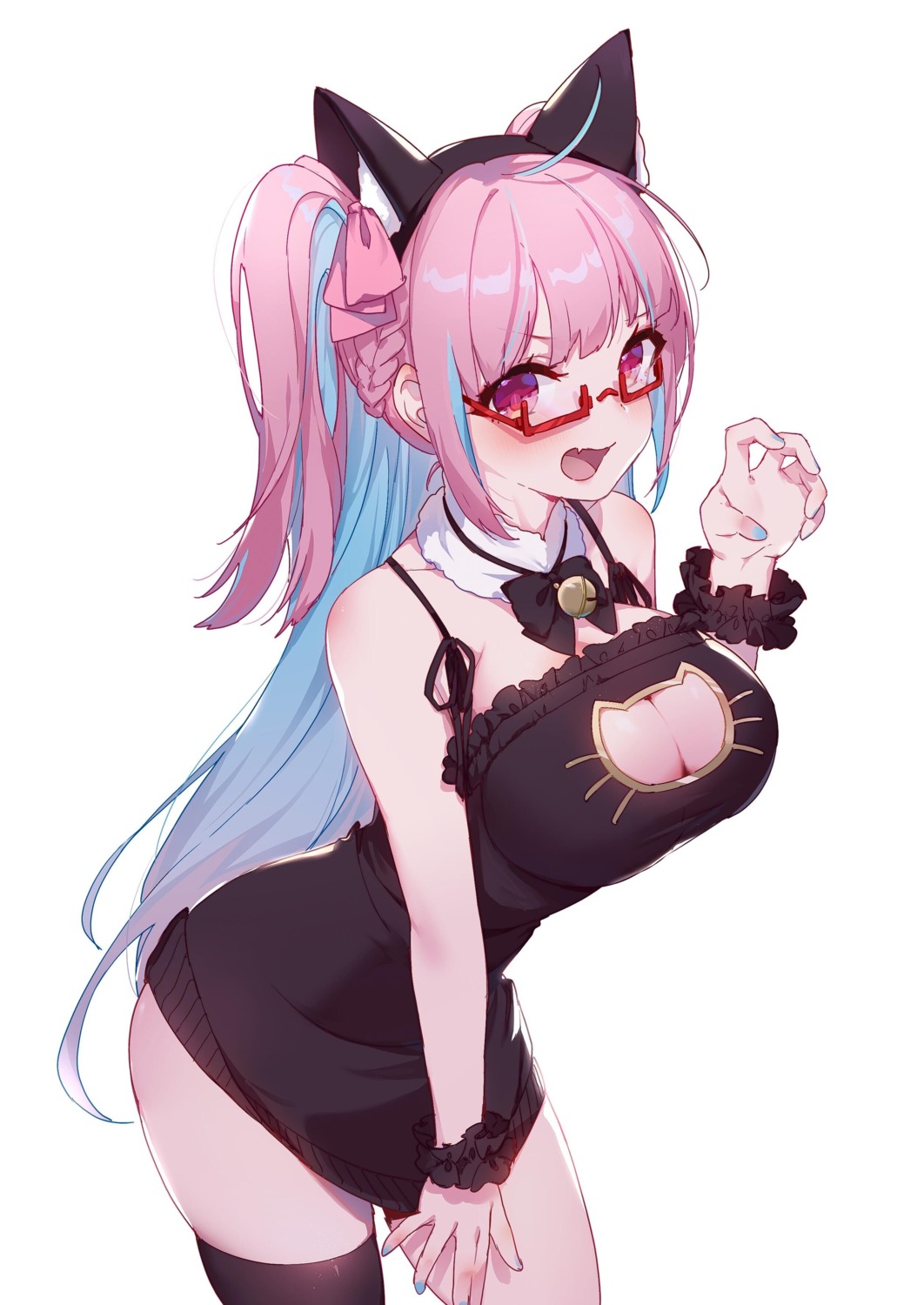 animal_ears, cleavage, dress, hololive, megane, minato_aqua, nekomimi, no_bra
