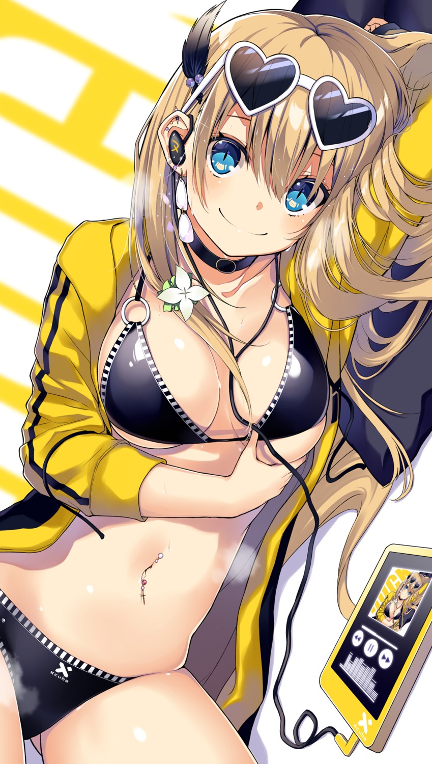 bikini, breast_hold, cleavage, kurebayashi_noe, megane, open_shirt, swimsuits