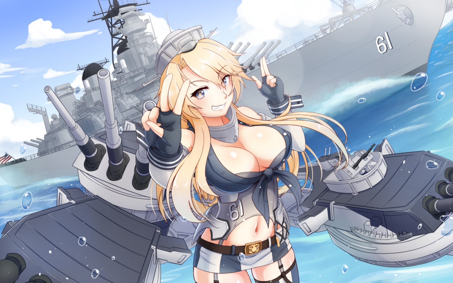 iowa_(kancolle), kantai_collection, no_bra, open_shirt, pokke, stockings, thighhighs