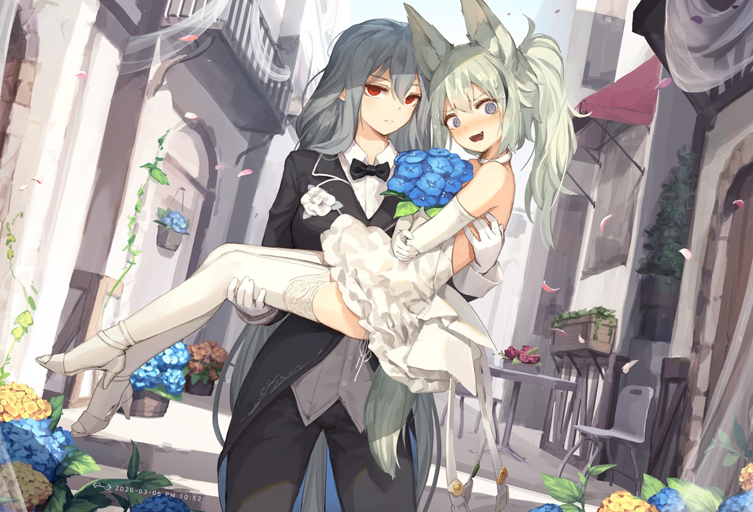 animal_ears, arknights, crossdress, dress, grani_(arknights), heels, jakoujika, skadi_(arknights)