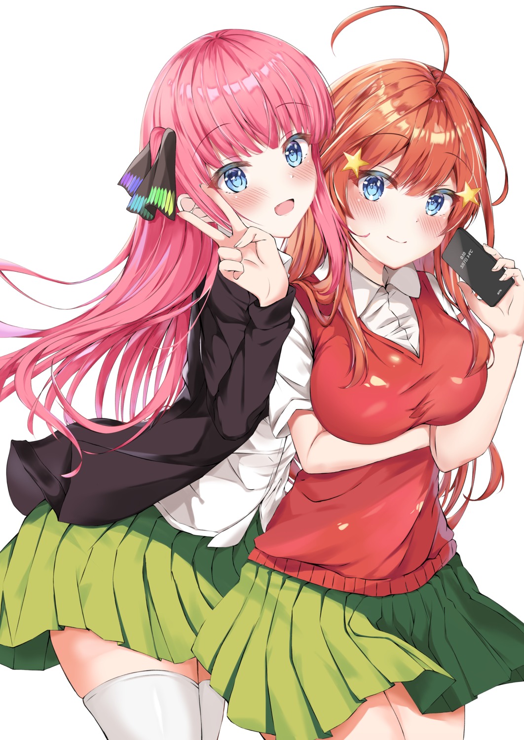 5-toubun_no_hanayome, breast_hold, nakano_itsuki, nakano_nino, seifuku, shizuku_(shizukusushi), skirt_lift, sweater