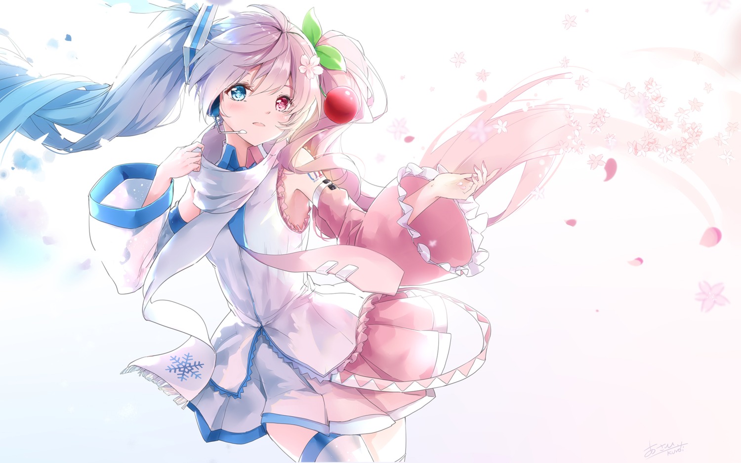 asahi_kuroi, hatsune_miku, headphones, heterochromia, sakura_miku, thighhighs, vocaloid, yuki_miku