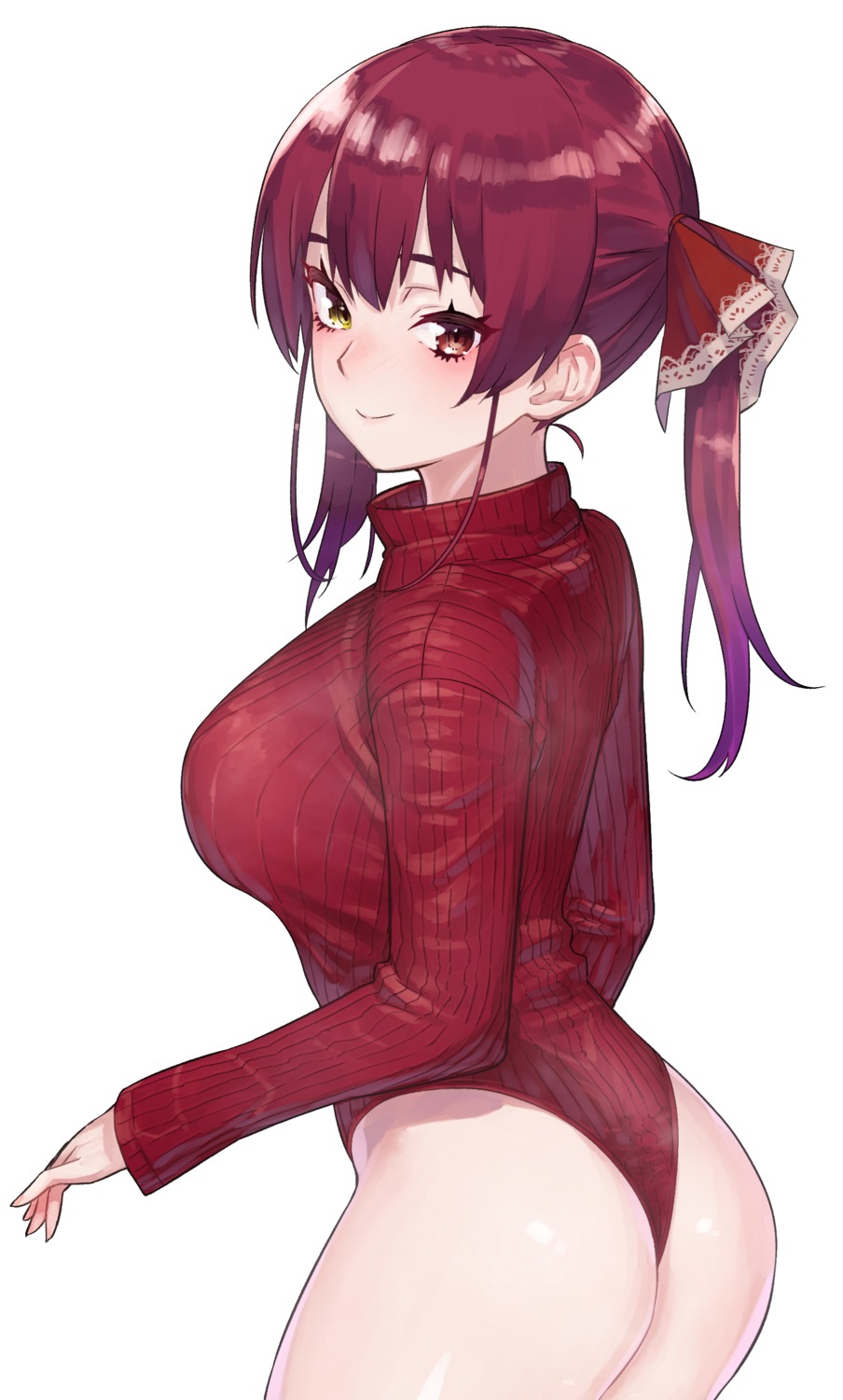ass, heterochromia, hololive, houshou_marine, leotard, oshiruko_(oshiruco_212048), sweater