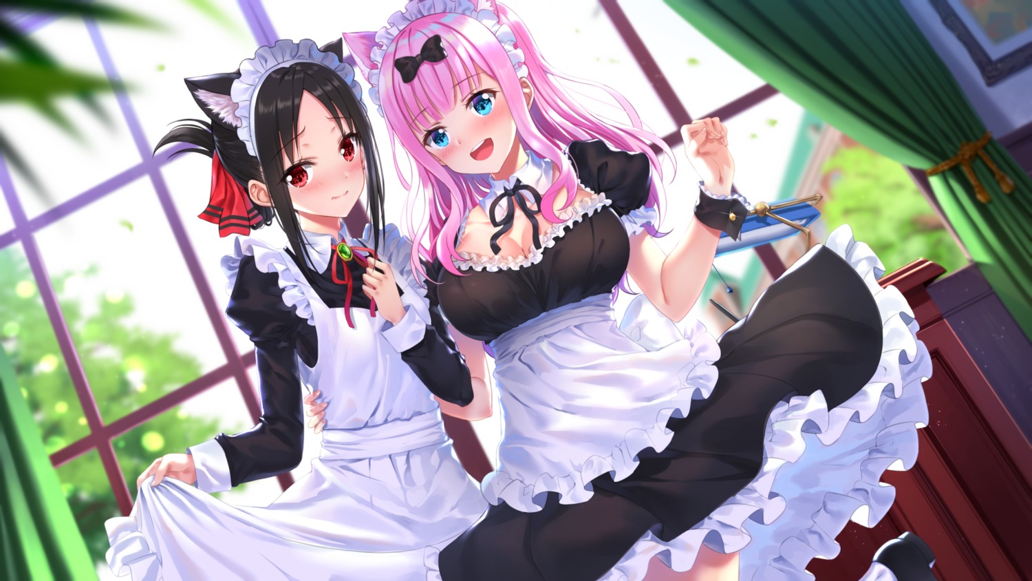 animal_ears, cleavage, fujiwara_chika, kaguya-sama_wa_kokurasetai_~tensai-tachi_no_renai_zunousen~, maid, nekomimi, shinomiya_kaguya, skirt_lift