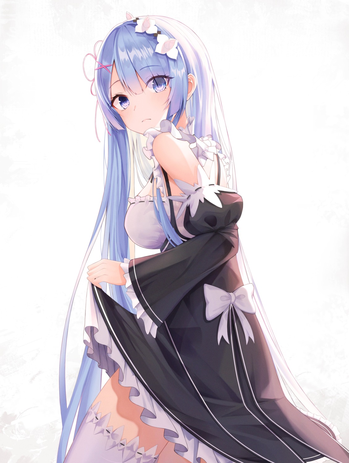 fakegeo, maid, re:zero_kara_hajimeru_isekai_seikatsu, rem_(re_zero), skirt_lift, thighhighs