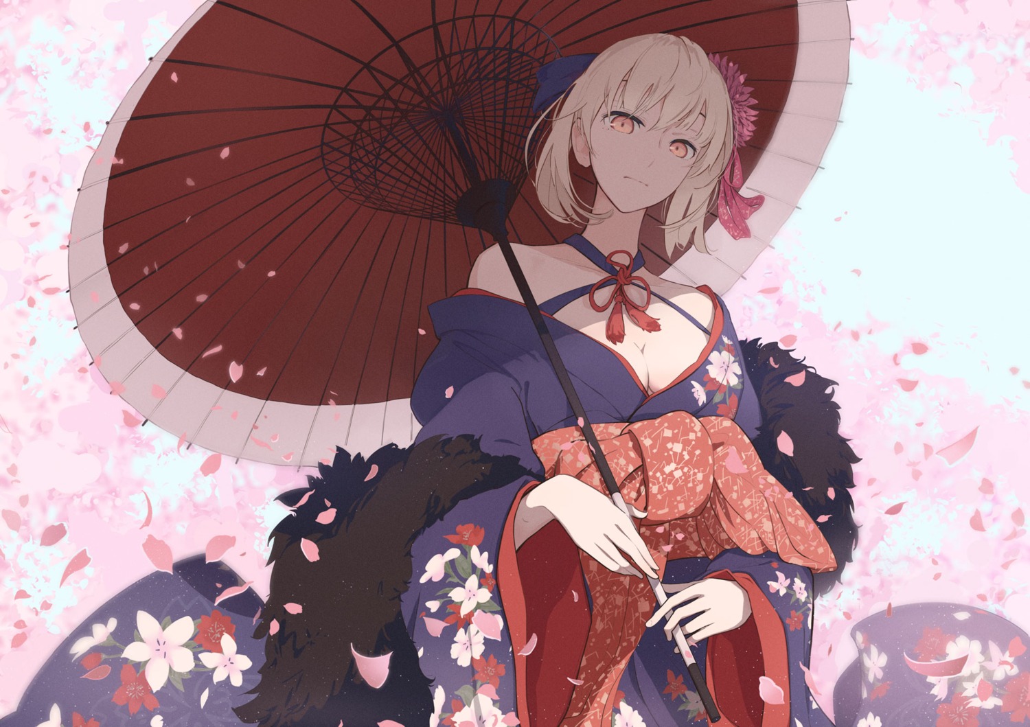 artoria_pendragon_(fate), artoria_pendragon_alter_(fate), cleavage, fate/grand_order, kimono, kodamazon, no_bra, umbrella