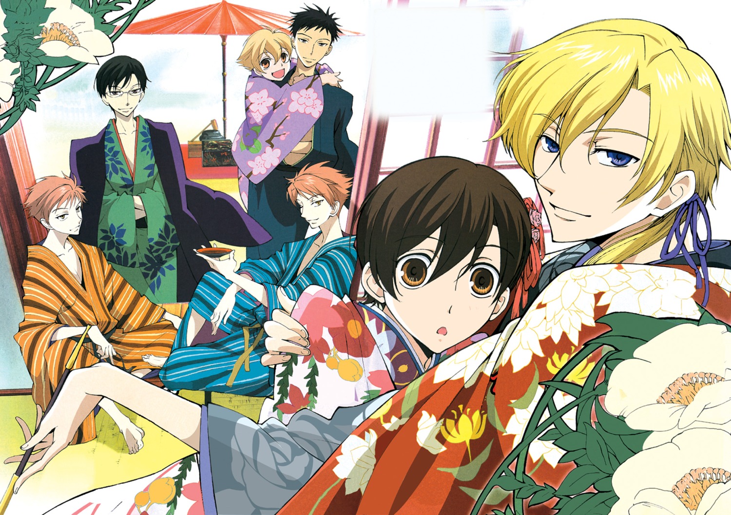 fujioka_haruhi, haninozuka_mitsukuni, hitachiin_hikaru, hitachiin_kaoru, morinozuka_takashi, ootori_kyouya, ouran_high_school_host_club, suou_tamaki