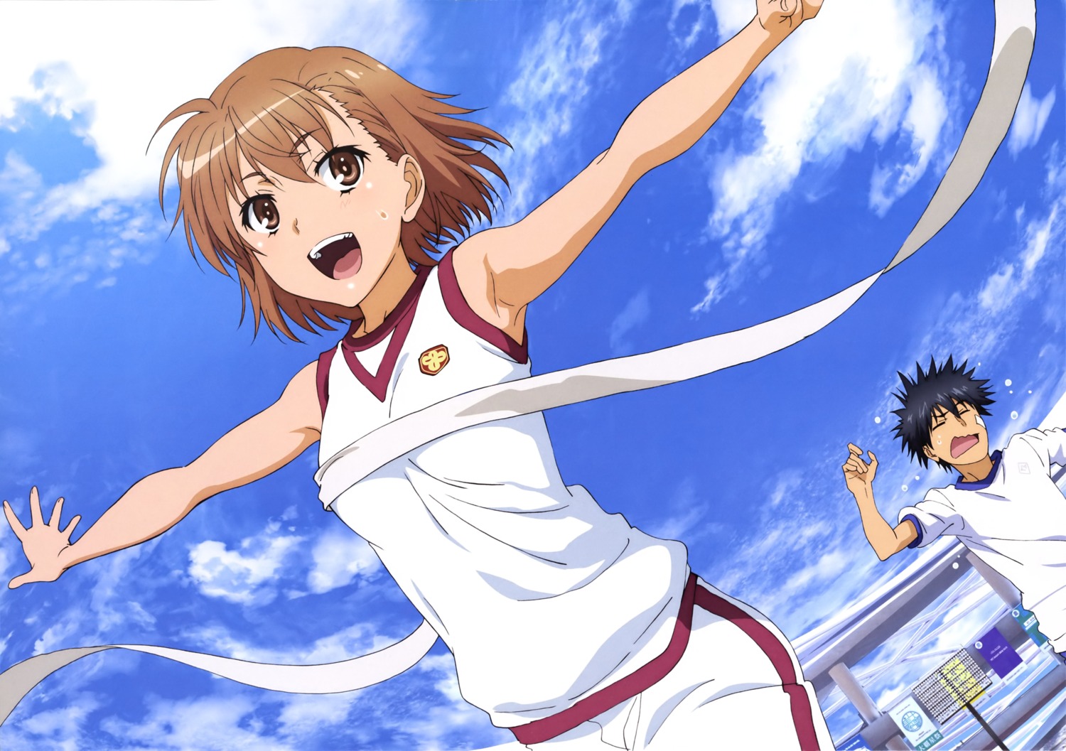 bandaid, gym_uniform, kamijou_touma, misaka_mikoto, tagme, toaru_kagaku_no_railgun, toaru_majutsu_no_index