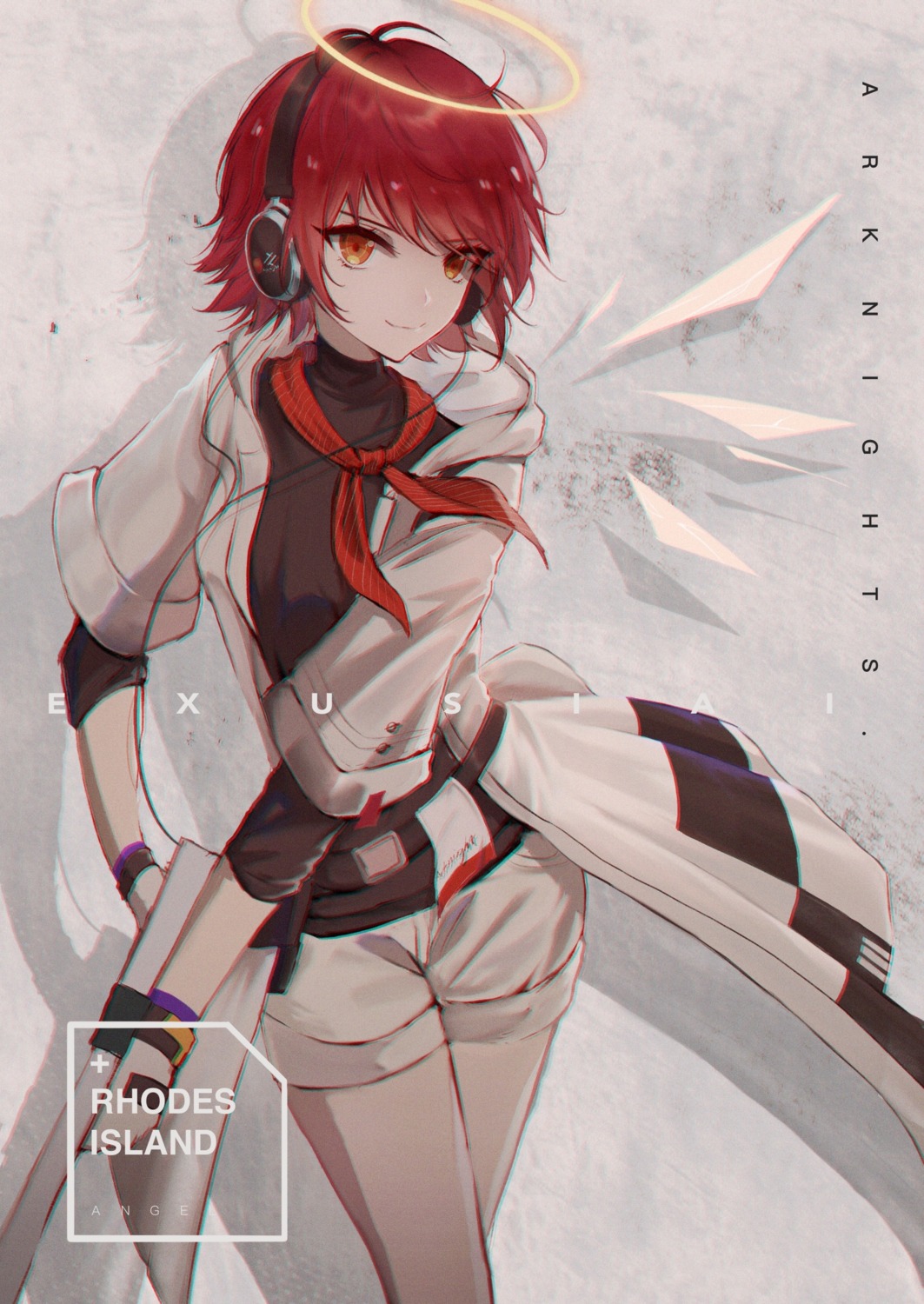 angel, arknights, exusiai_(arknights), headphones, osagelts1213, uniform, weapon, wings