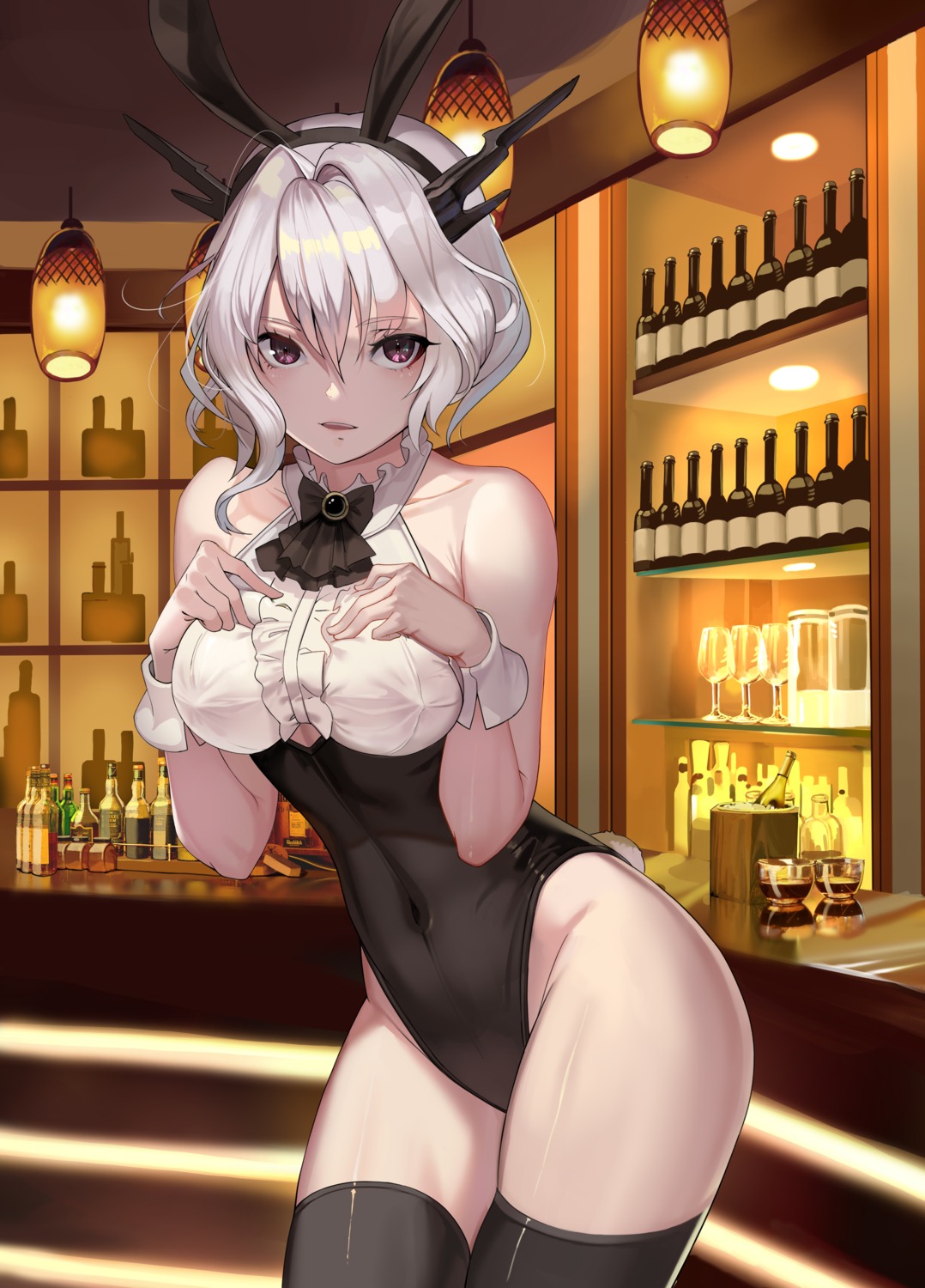animal_ears, arknights, breast_hold, bunny_ears, bunny_girl, erect_nipples, horns, merchant91, tail, talulah_(arknights), thighhighs