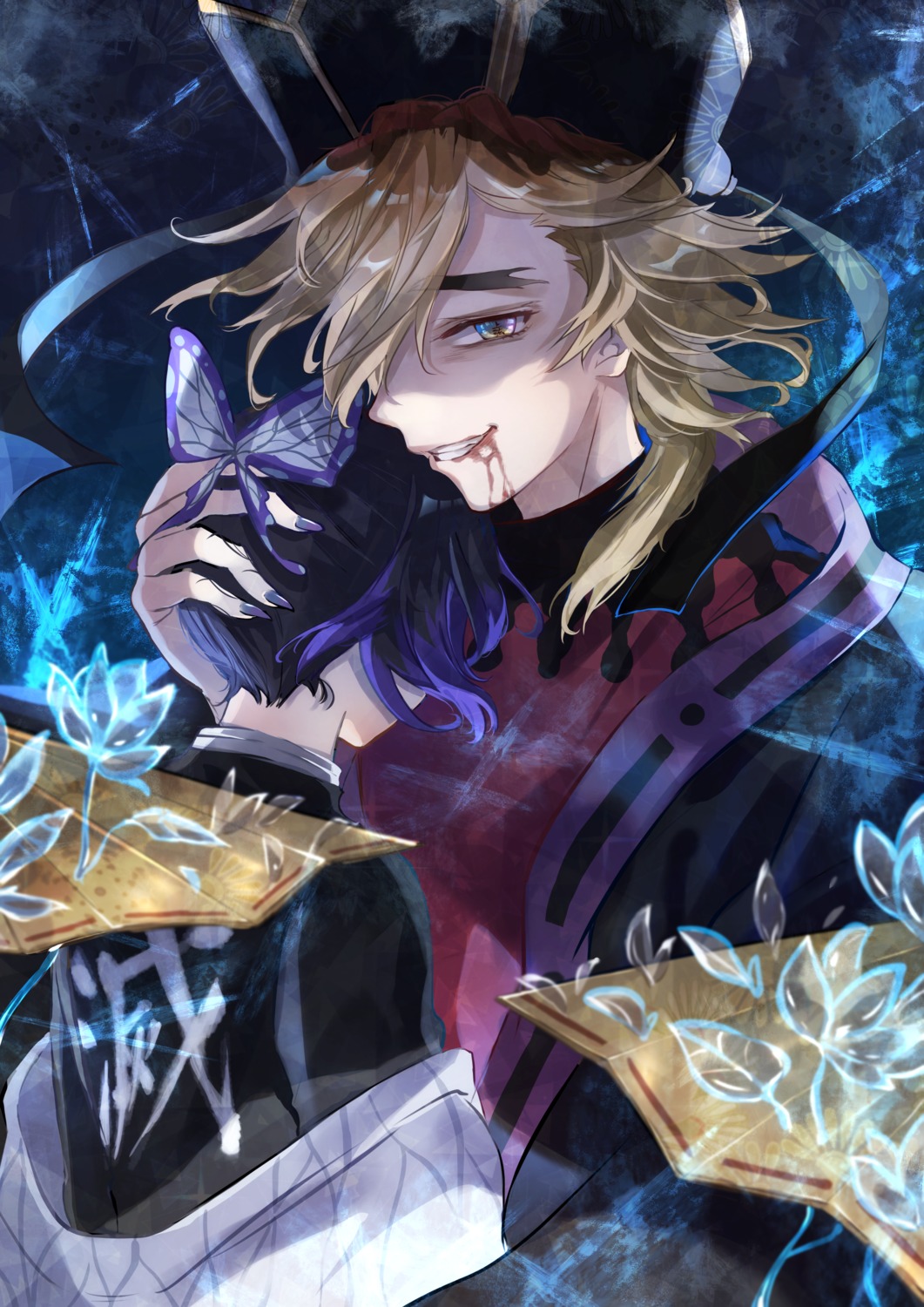 blood, douma, ittetsu_taro, japanese_clothes, kimetsu_no_yaiba, kochou_shinobu, uniform