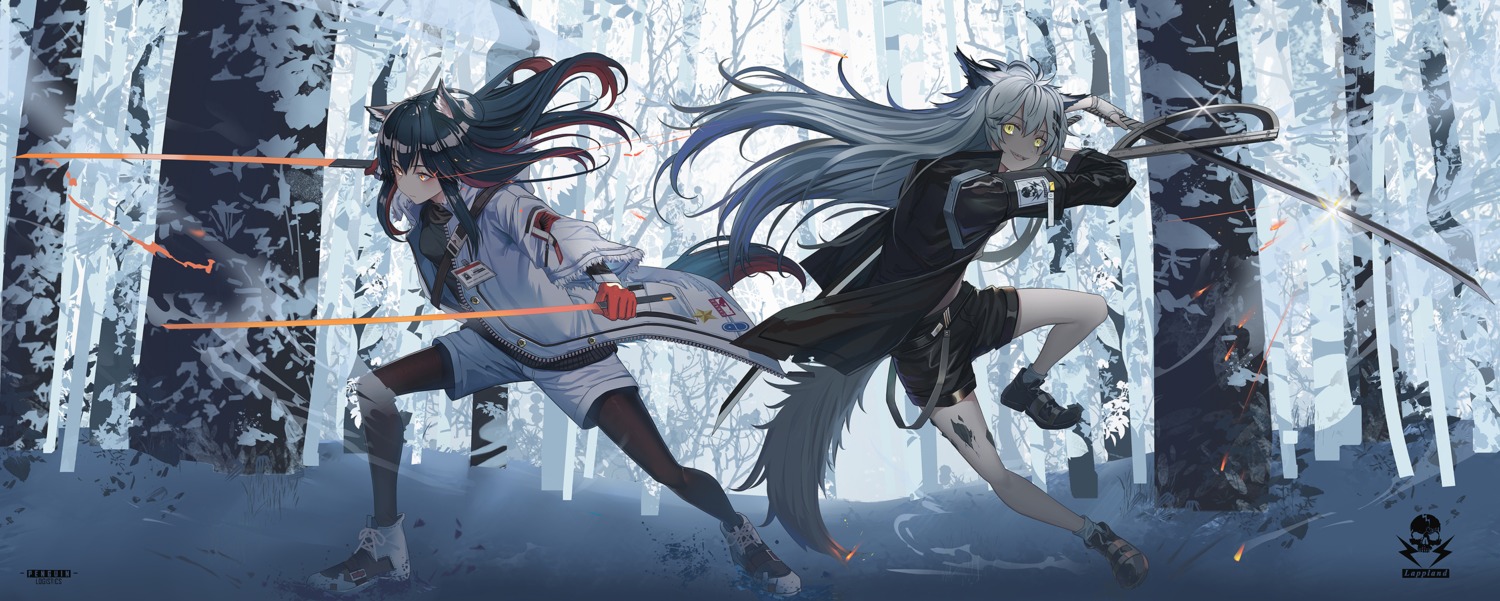 animal_ears, arknights, hamachi_hazuki, lappland_(arknights), sword, tail, texas_(arknights)