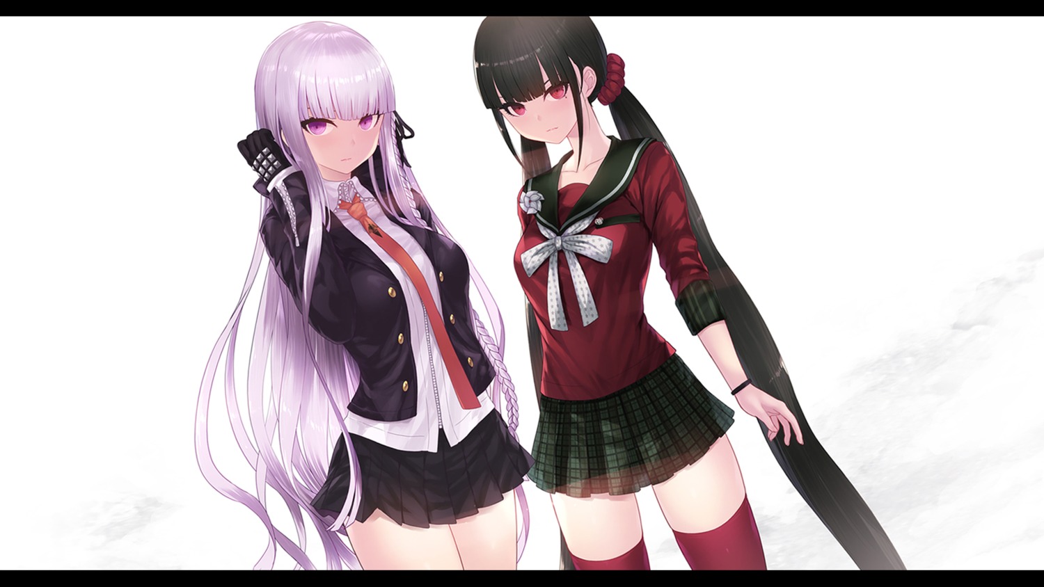 cait, dangan-ronpa, harukawa_maki, kirigiri_kyouko, seifuku, thighhighs, wallpaper