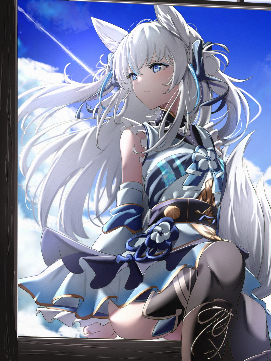 animal_ears, azarashi_(azrsot), japanese_clothes, tail, thighhighs