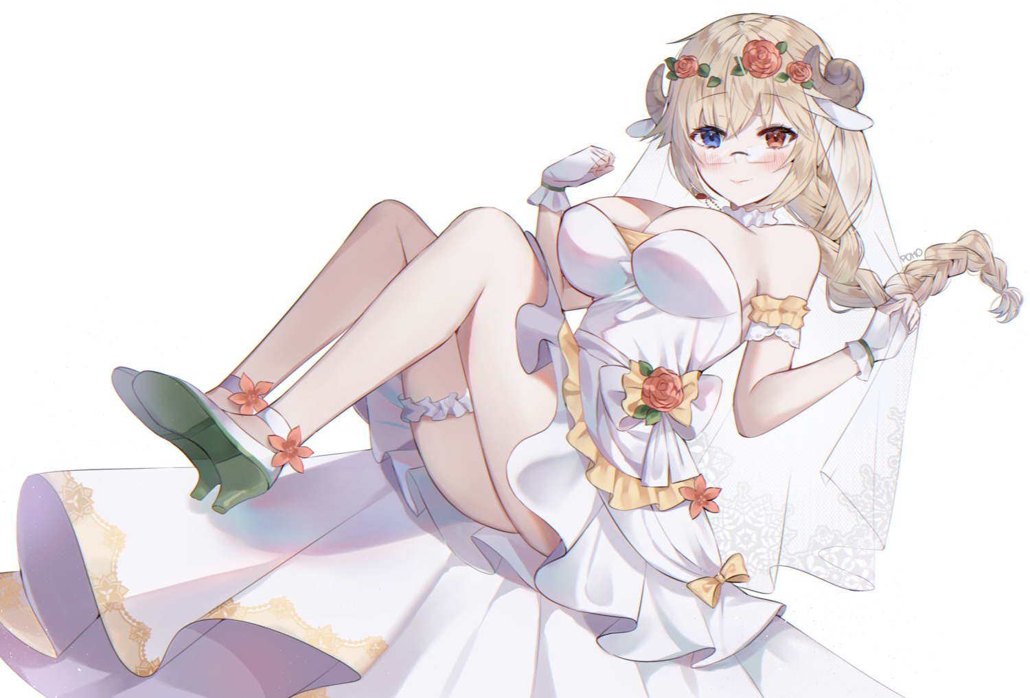 animal_ears, arpiel, cleavage, dress, garter, heels, heterochromia, horns