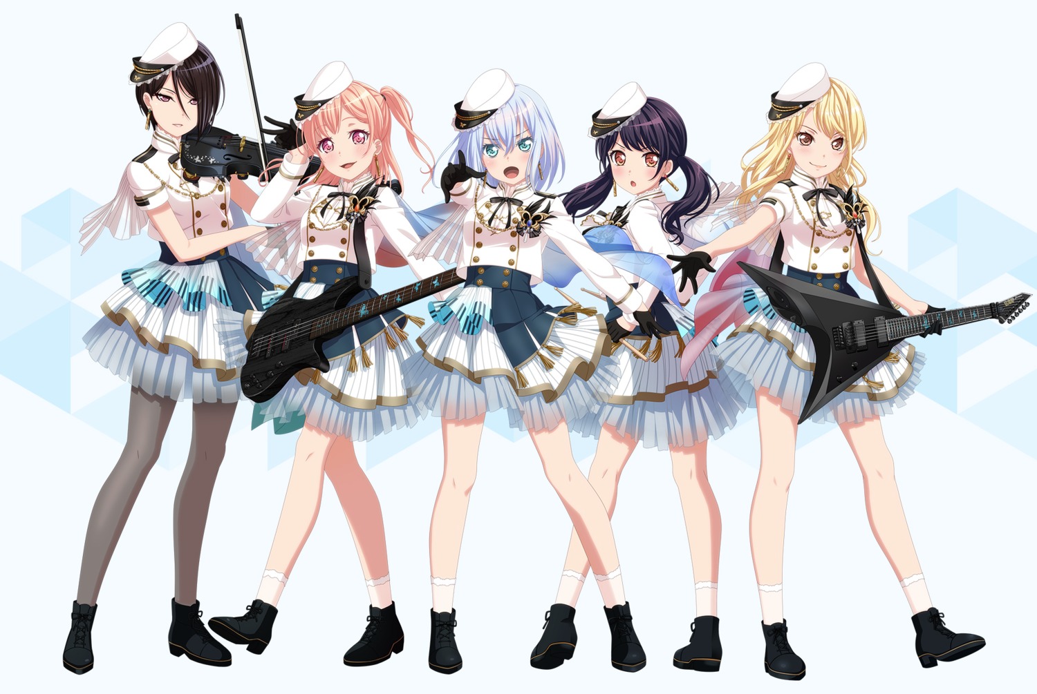 bang_dream!, bang_dream!_morfonication, futaba_tsukushi, guitar, heels, hiromachi_nanami, kirigaya_touko, kurata_mashiro, pantyhose, see_through, tagme, uniform, yashio_rui