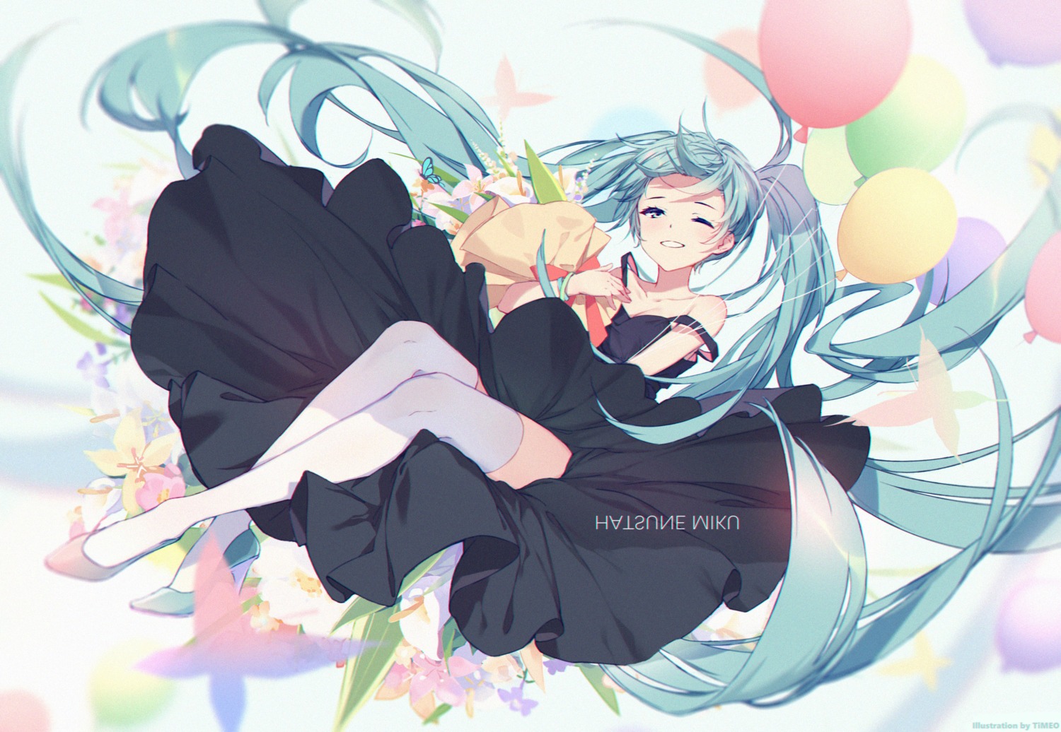 dress, hatsune_miku, heels, no_bra, skirt_lift, thighhighs, timeo, vocaloid