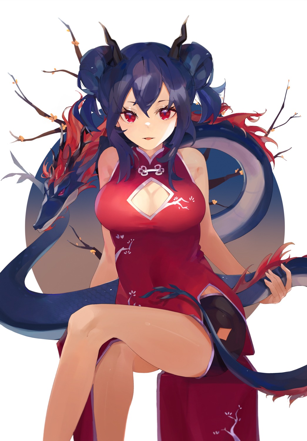arknights, ch'en_(arknights), chinadress, cleavage, hiemal_(winter_crow), horns, tail