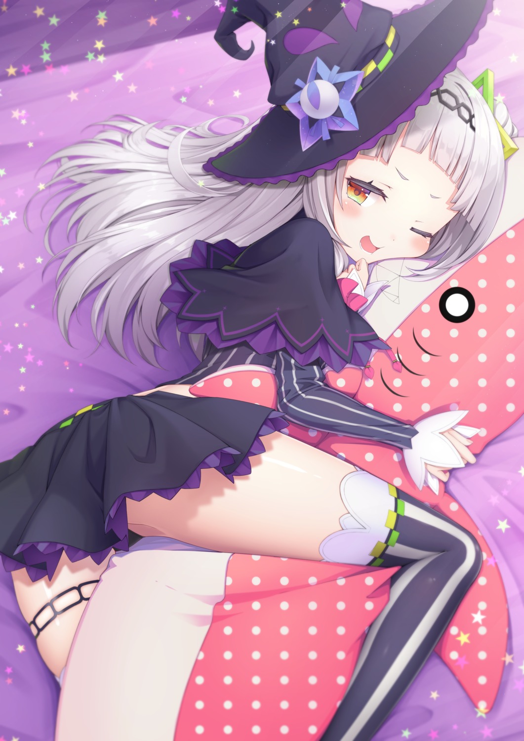 garter, hololive, murasaki_shion, sasakura_momizi, skirt_lift, thighhighs, witch