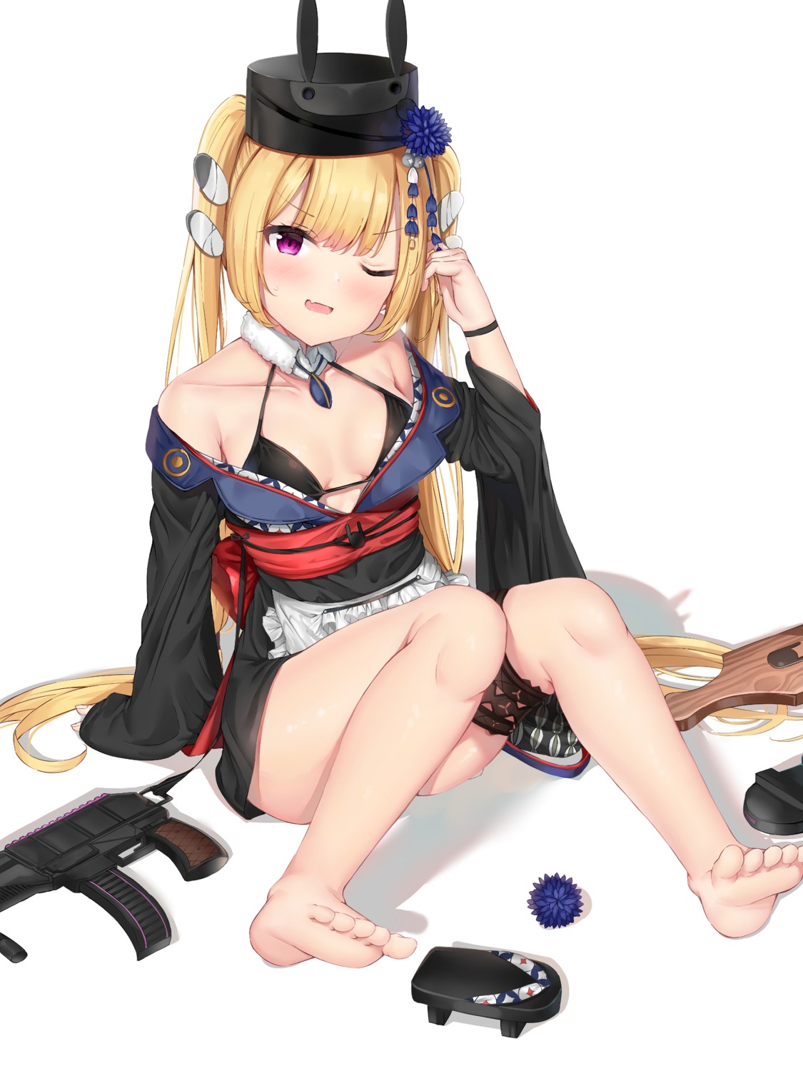 bachibachi_(tisen), bikini_top, feet, garter, girls_frontline, gun, japanese_clothes, open_shirt