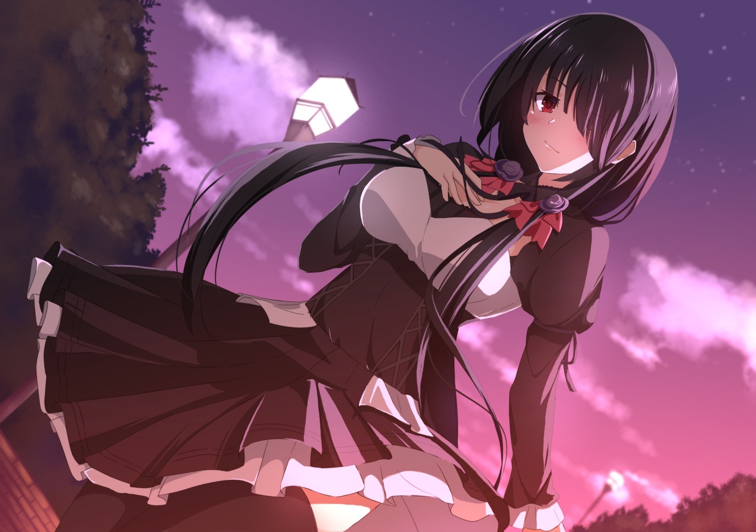 breast_hold, date_a_live, dress, gothic_lolita, lolita_fashion, rizuta, skirt_lift, thighhighs, tokisaki_kurumi