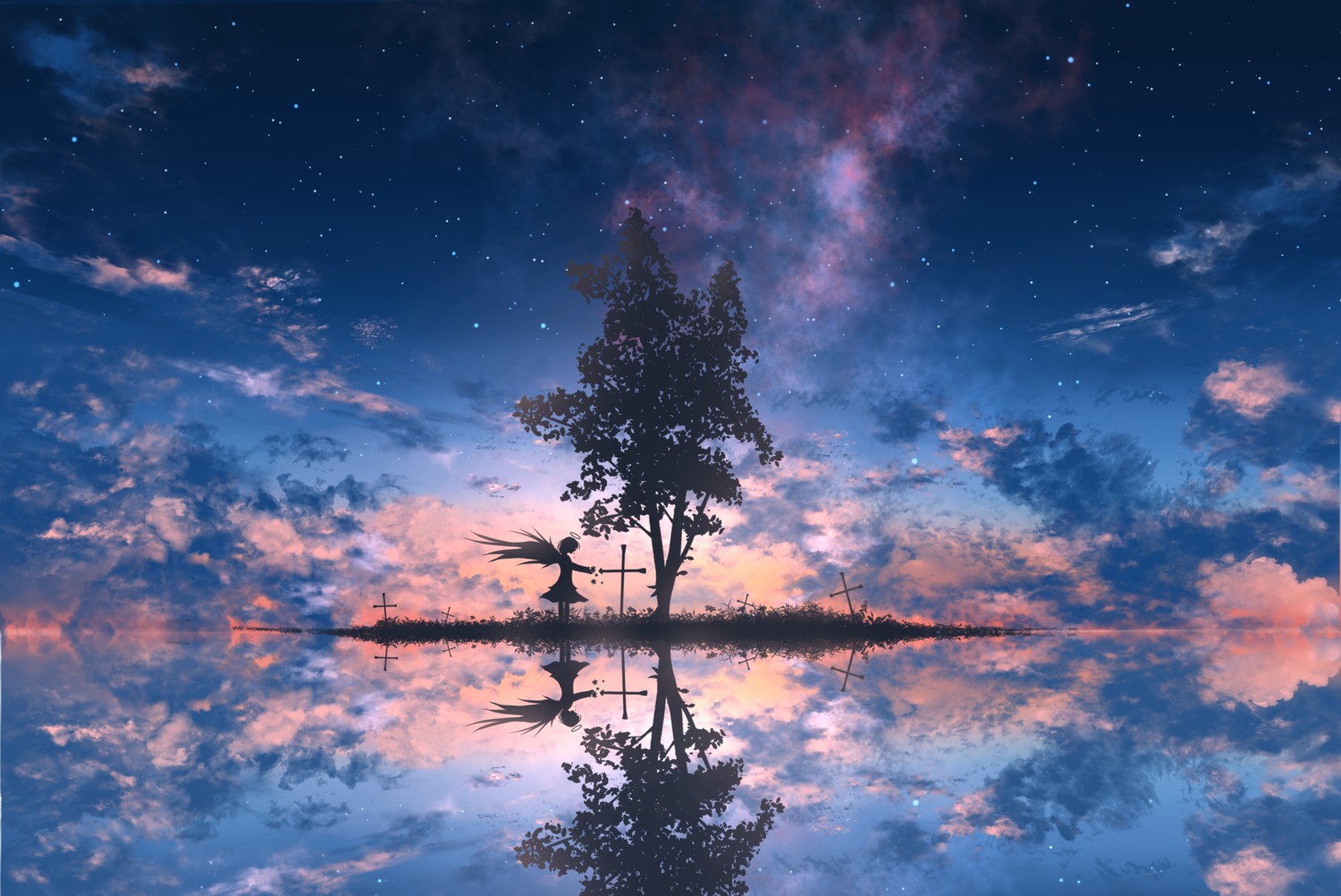 abisswalker8, angel, landscape, silhouette, wings