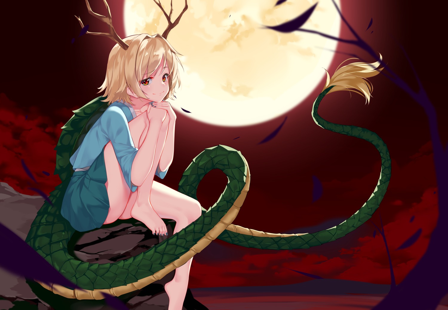 aoi_(buzhuen444), horns, kicchou_yachie, skirt_lift, tail, touhou