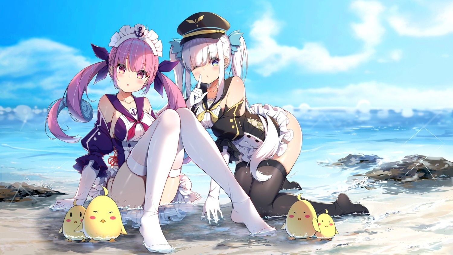 akinatsu_meguru, azur_lane, crossover, feet, hololive, jpeg_artifacts, kagura_mea, kagura_mea_channel, maid, manjuu_(azur_lane), minato_aqua, skirt_lift, thighhighs, wet