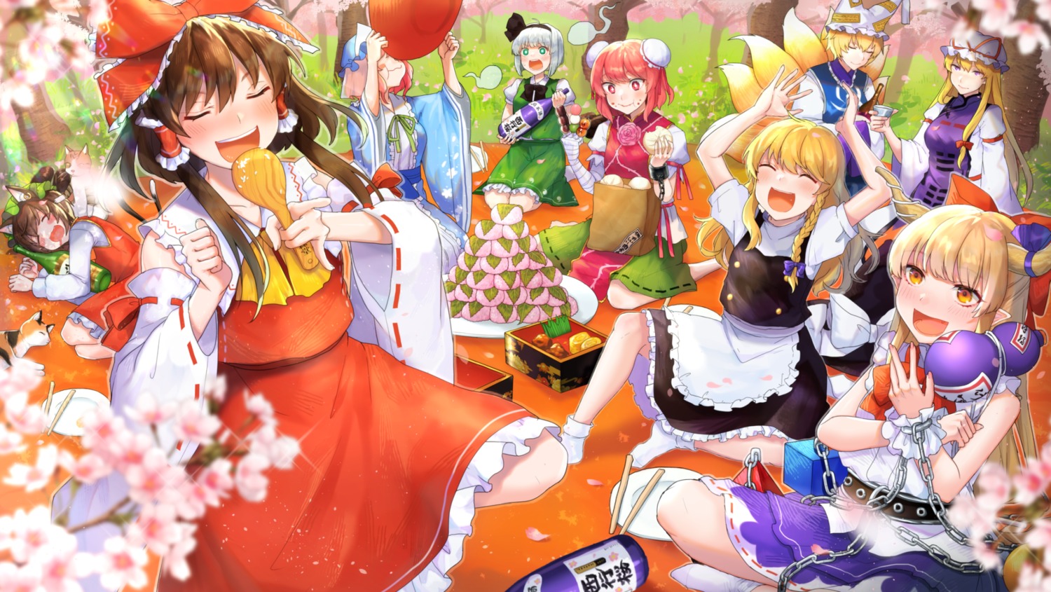 13_(spice!!), animal_ears, chen, dress, hakurei_reimu, horns, kirisame_marisa, kitsune