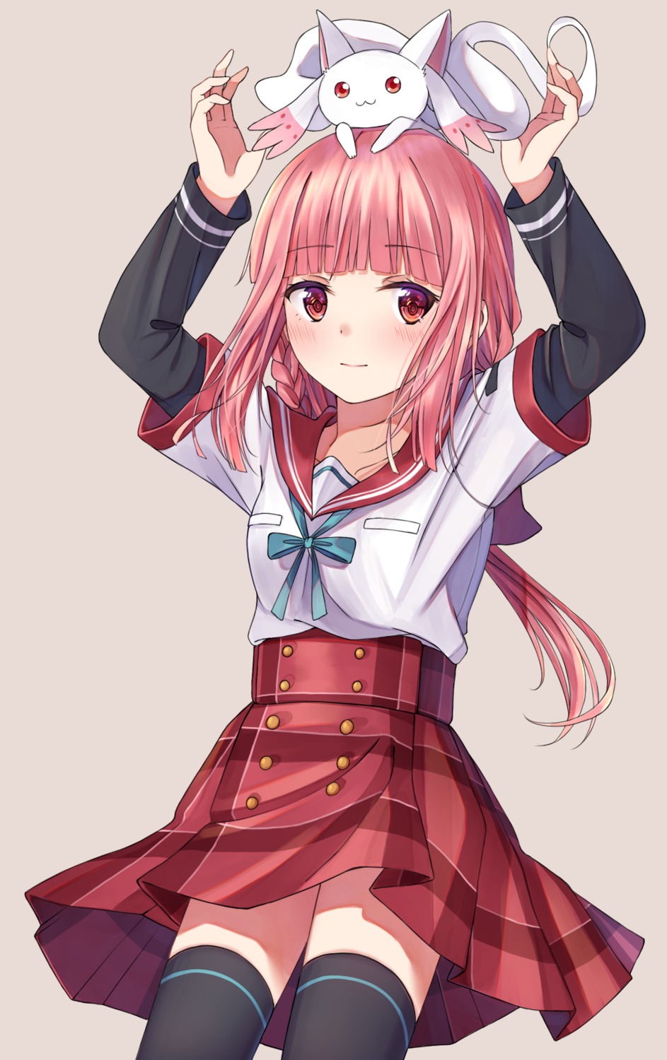 enuni, little_kyubey, magia_record:_mahou_shoujo_madoka_magica_gaiden, mahou_shoujo_madoka_magica, seifuku, skirt_lift, tamaki_iroha, thighhighs