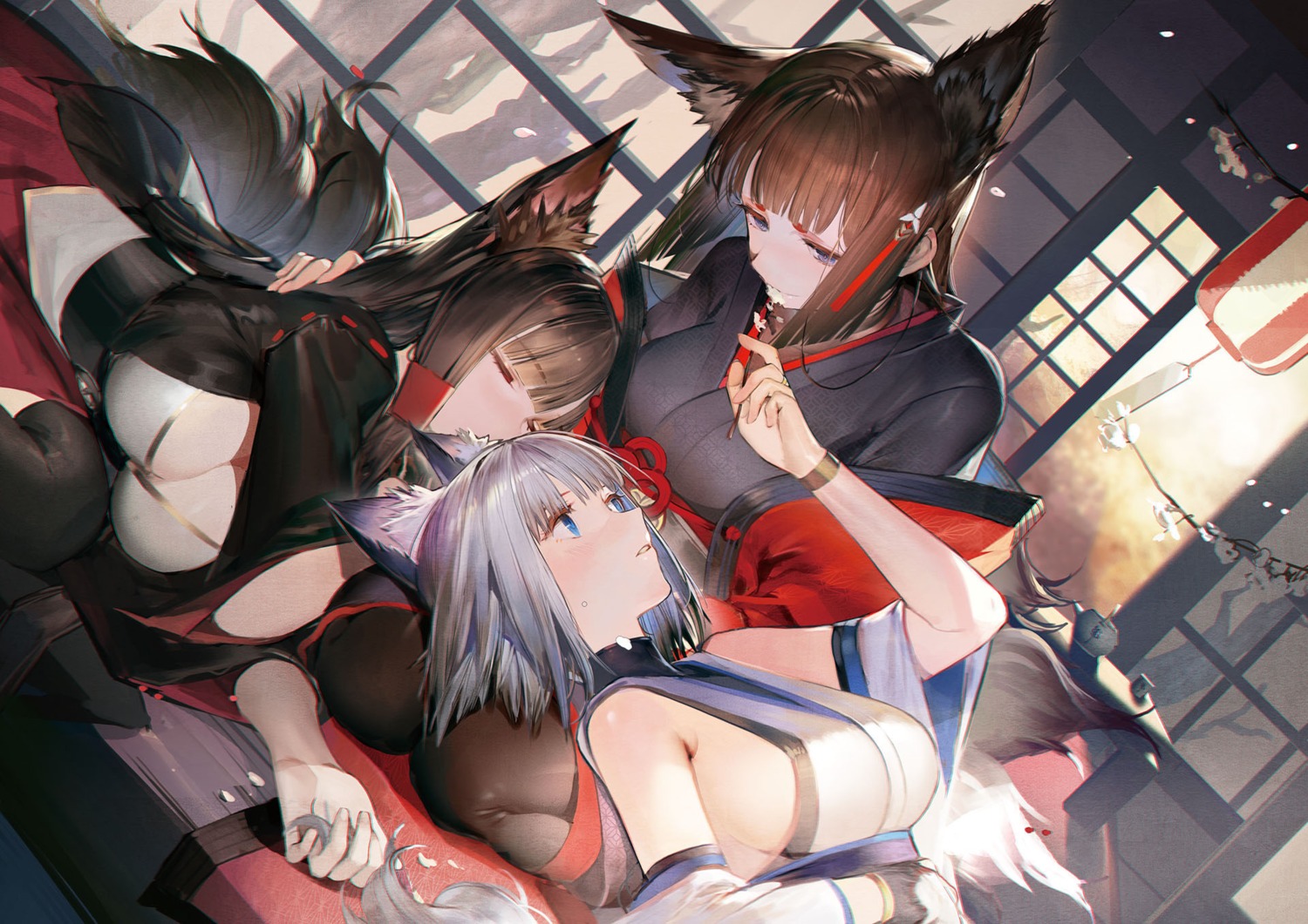 akagi_(azur_lane), amagi_(azur_lane), animal_ears, azur_lane, cleavage, japanese_clothes, kaga_(azur_lane), kitsune, liduke, thighhighs