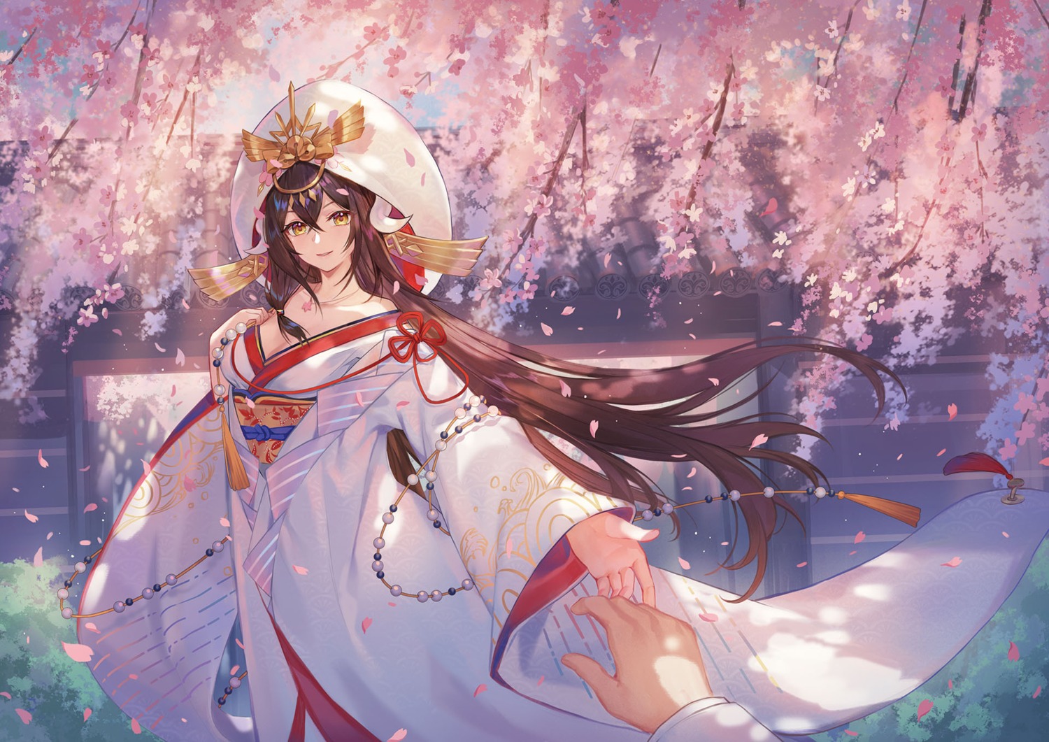 azur_lane, cleavage, criin, horns, japanese_clothes, mikasa_(azur_lane), open_shirt