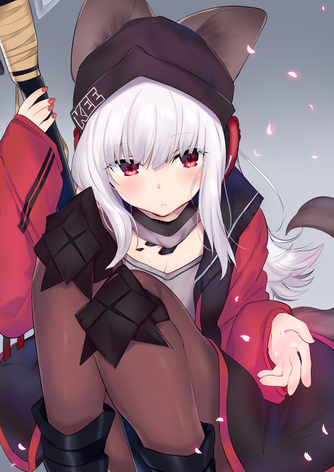 animal_ears, arknights, cleavage, frostleaf_(arknights), kakizato_shinano, pantyhose, skirt_lift, weapon