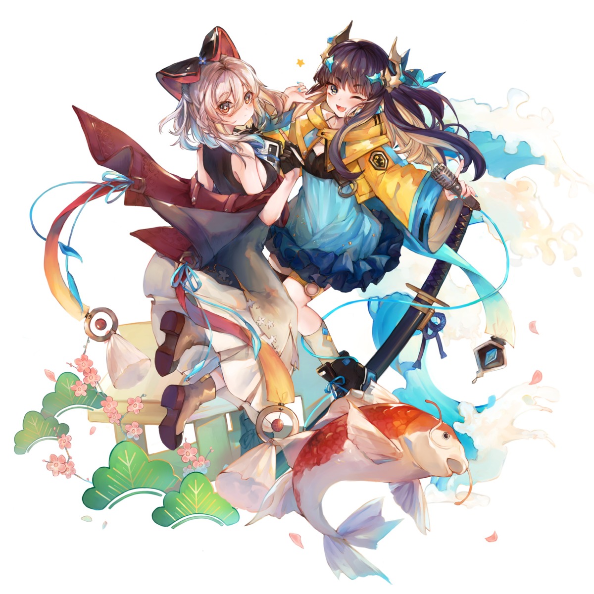 animal_ears, cleavage, dress, garter, heels, ryuuji_teitoku, sword